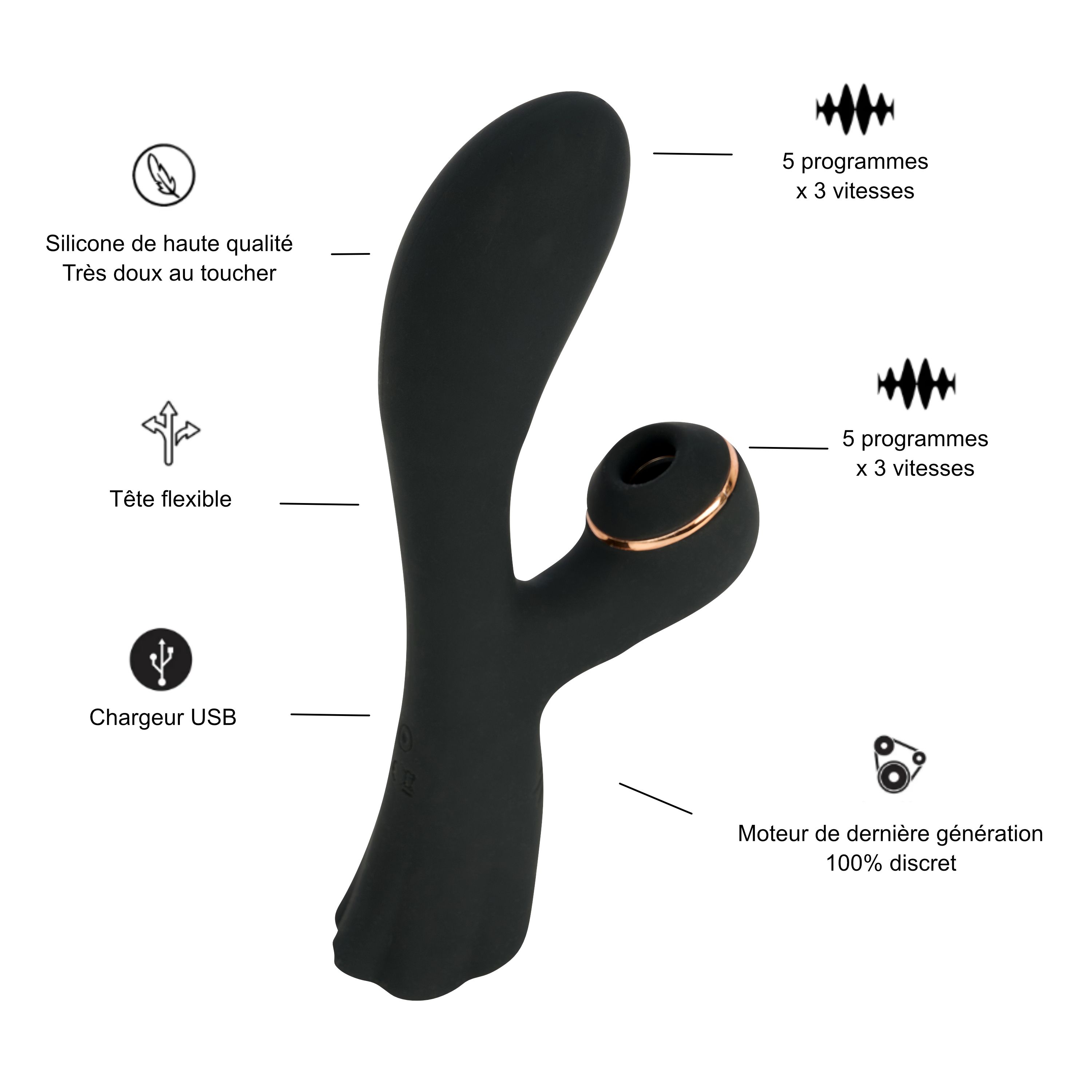 Vibrateur noir avec icônes pour silicone de haute qualité, tête flexible, charge USB et 5 programmes.