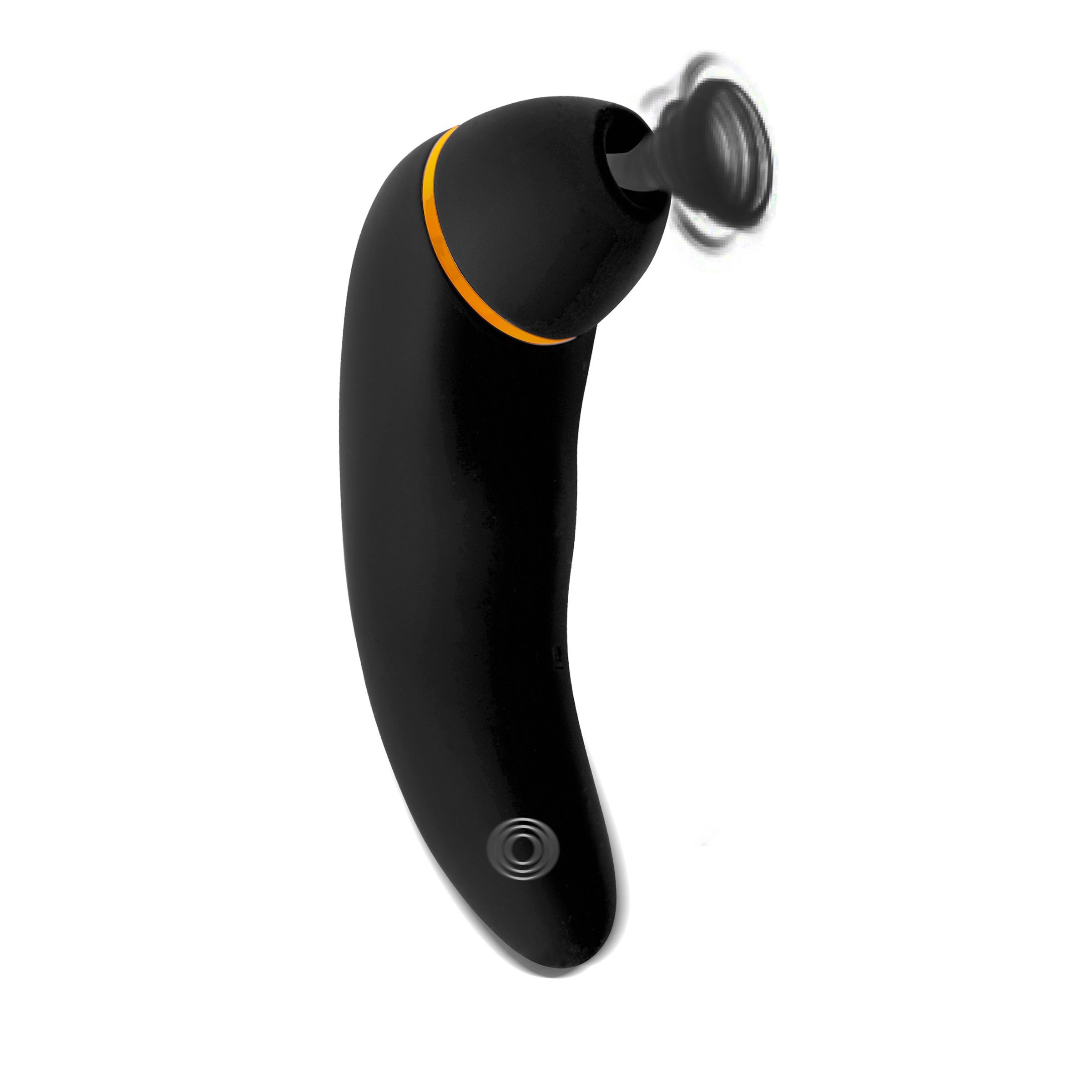 Appareil vibrant noir incurvé avec un accent doré. Un accessoire rotatif est fixé à une extrémité.