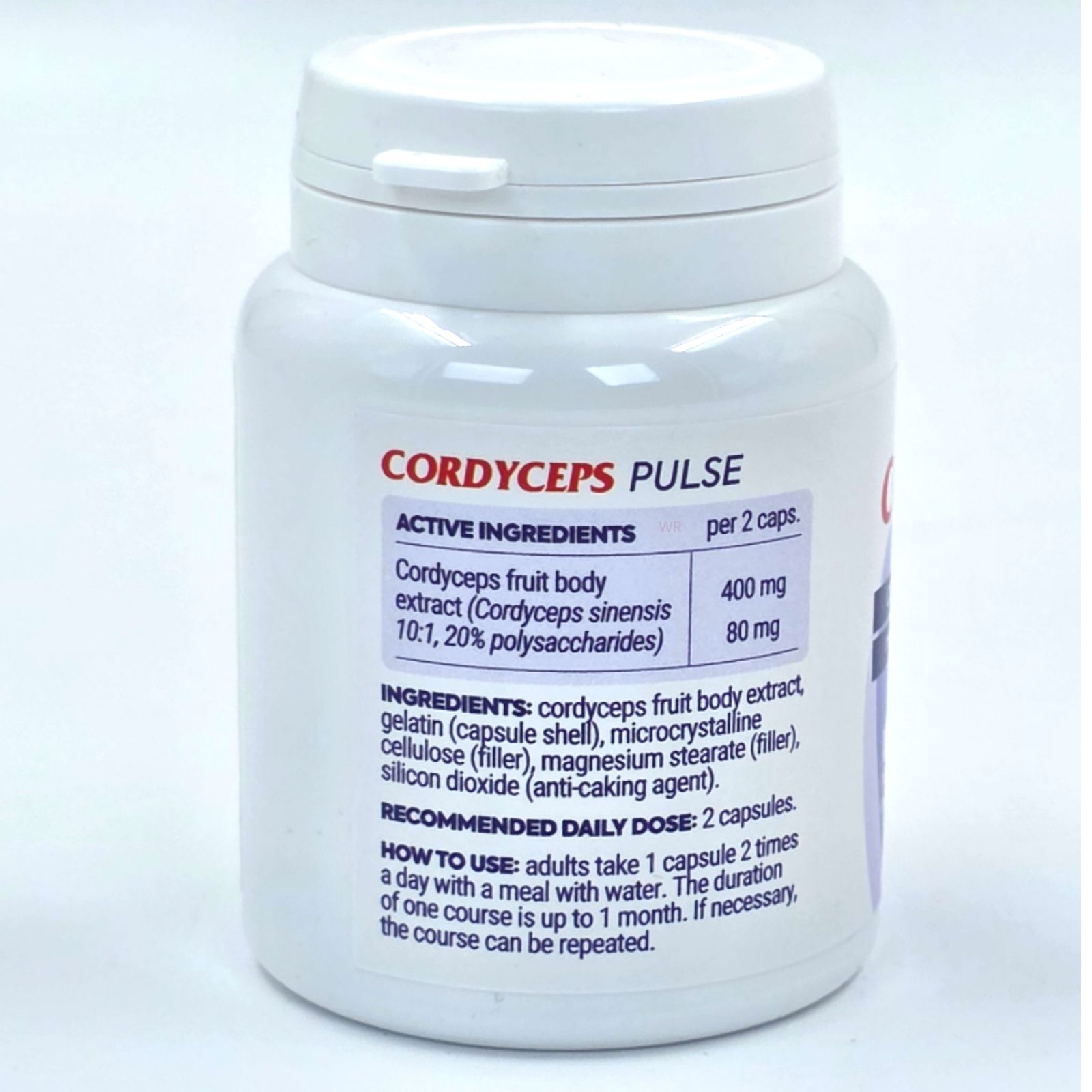 Flacon blanc avec étiquette. Inscription : Cordyceps Pulse, ingrédients actifs, ingrédients, dose quotidienne recommandée, mode d'emploi.