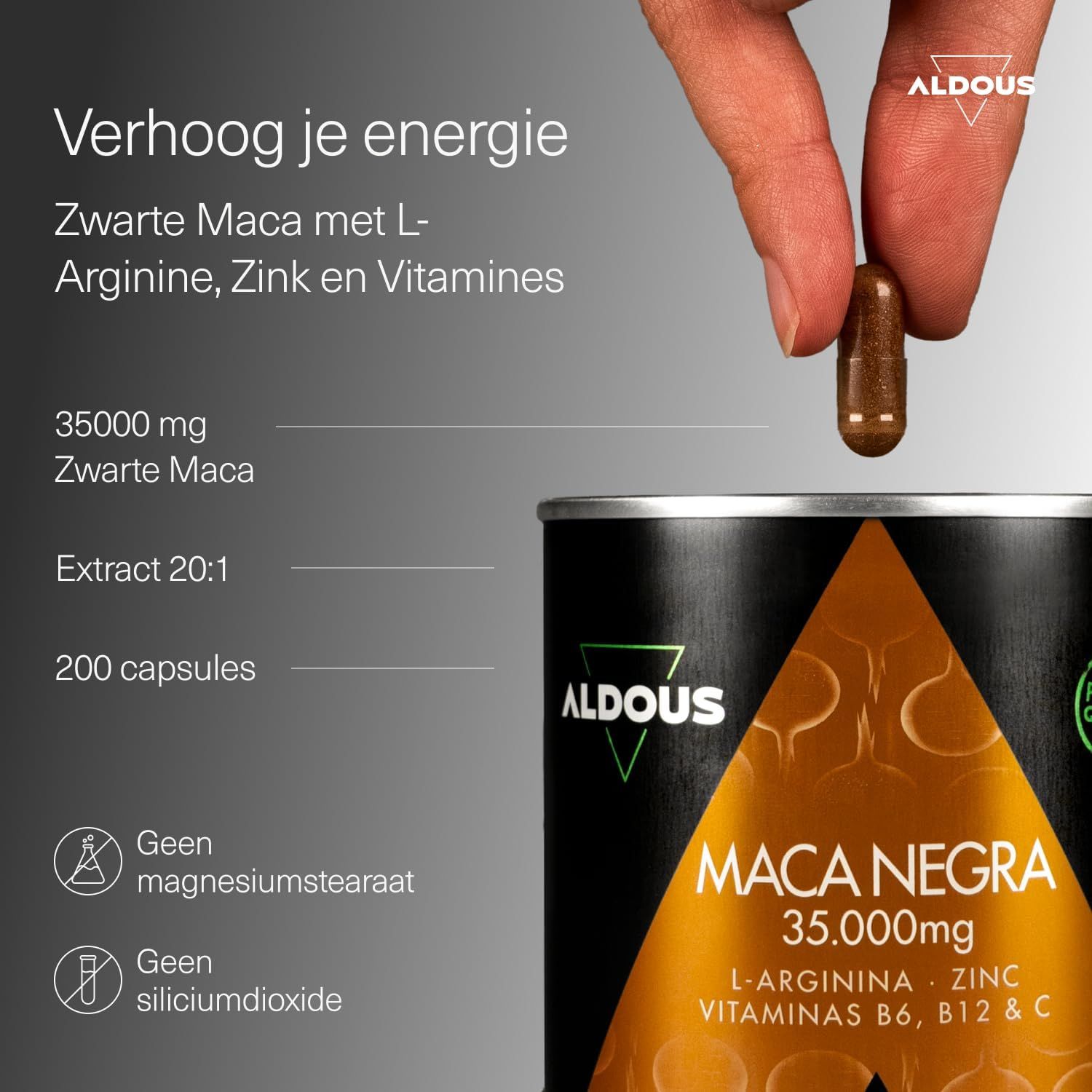 Aldous Maca Negra capsules: 35.000 mg zwarte maca, L-arginine, zink, vitamines B6, B12, C. 200 capsules.
