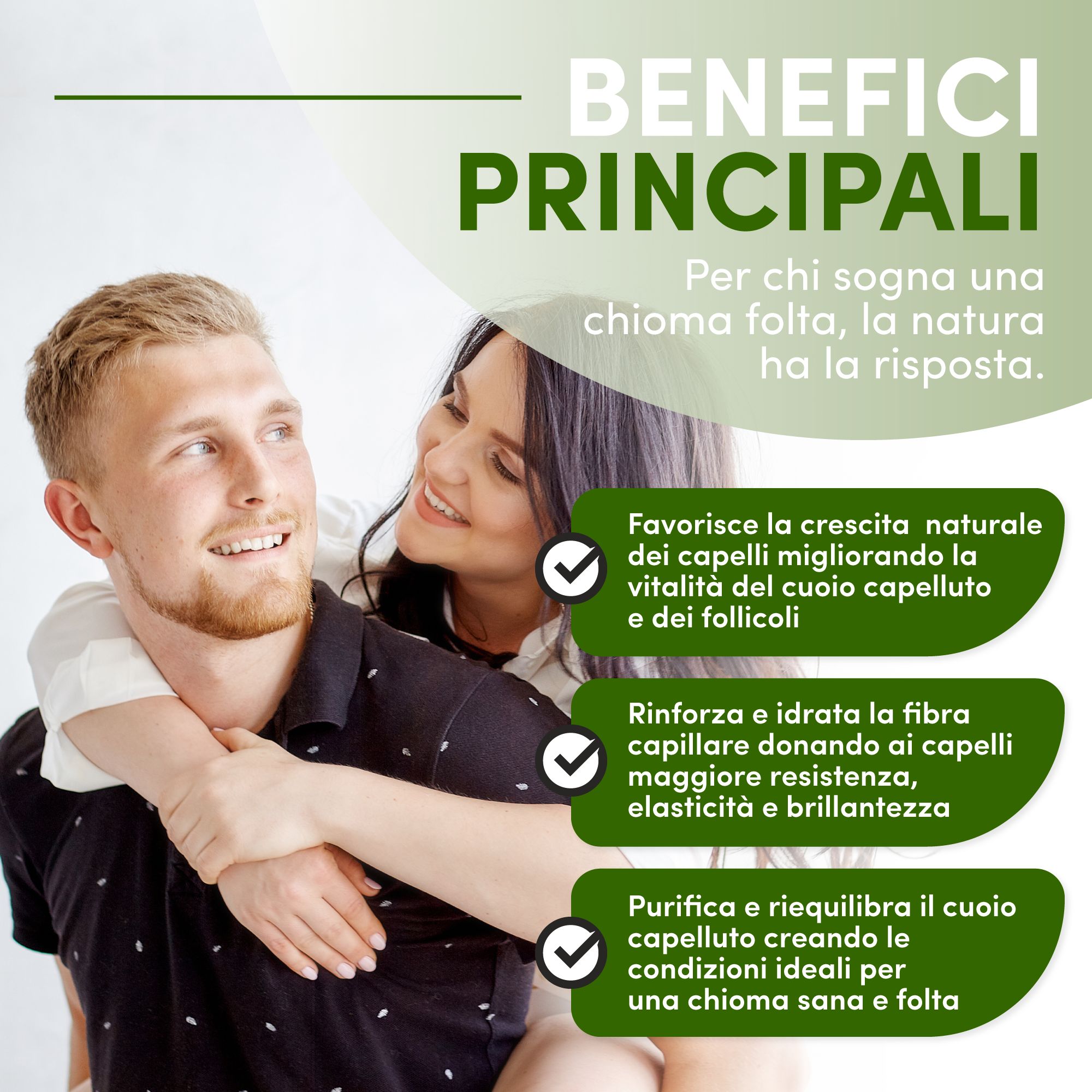 Couple s'embrassant. Texte : Principaux avantages. Favorise la croissance naturelle des cheveux, renforce les cheveux, purifie et équilibre le cuir chevelu.