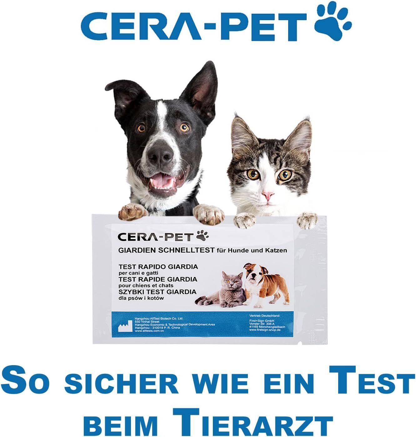 Emballage avec texte: Test rapide Giardia Cera-Pet pour chiens et chats. Texte: Aussi sûr qu'un test chez le vétérinaire. Images de chiens et de chats.