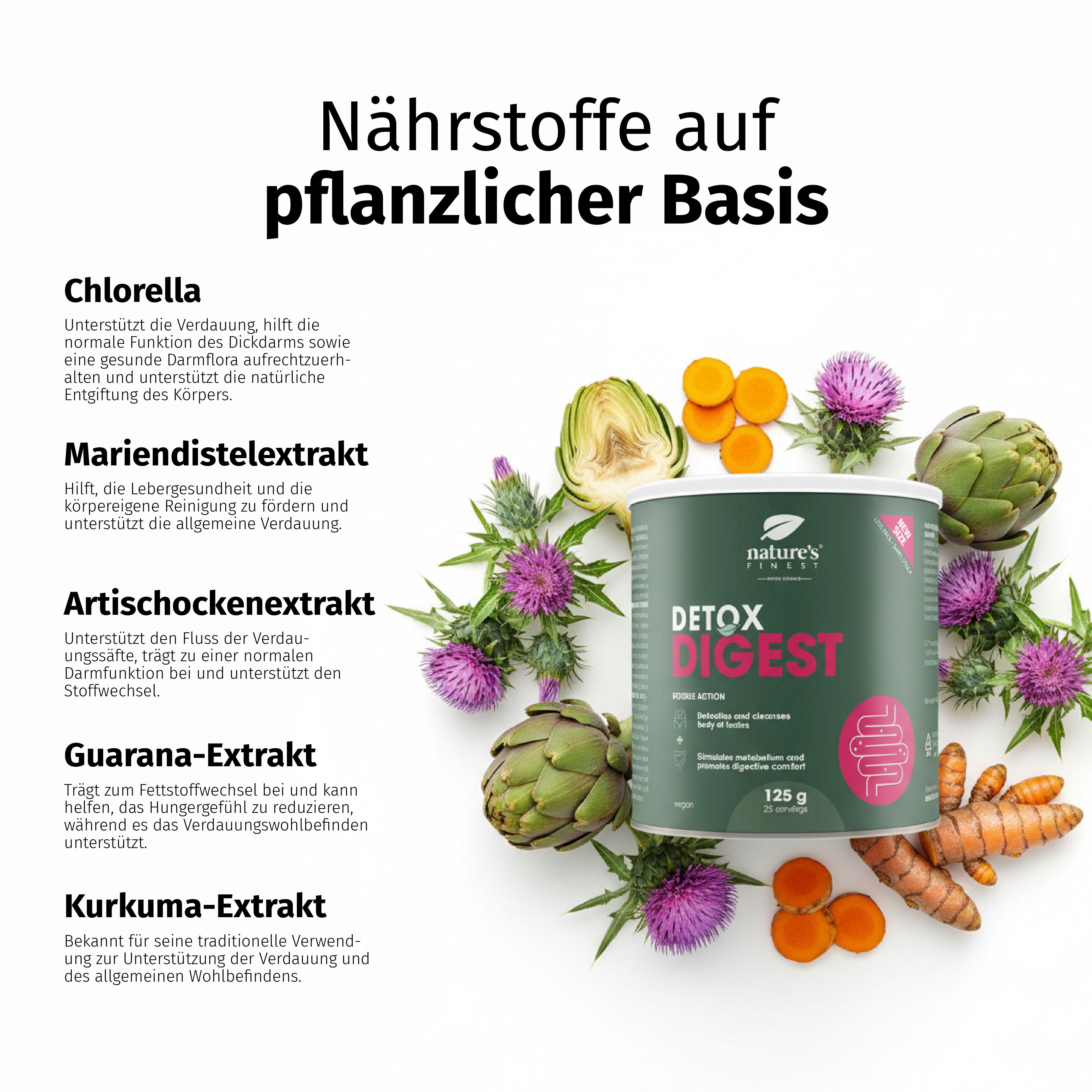 Blik Detox Digest met plantaardige extracten zoals chlorella, mariadistel en artisjok.