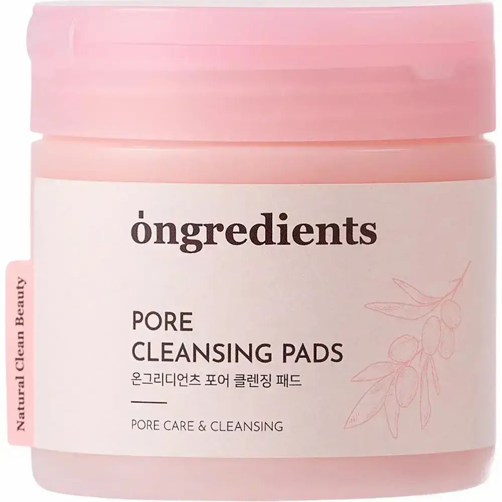 Ronde pot met roze deksel. Opschrift: Ongredients, Pore Cleansing Pads. Sticker: Natural Clean Beauty.
