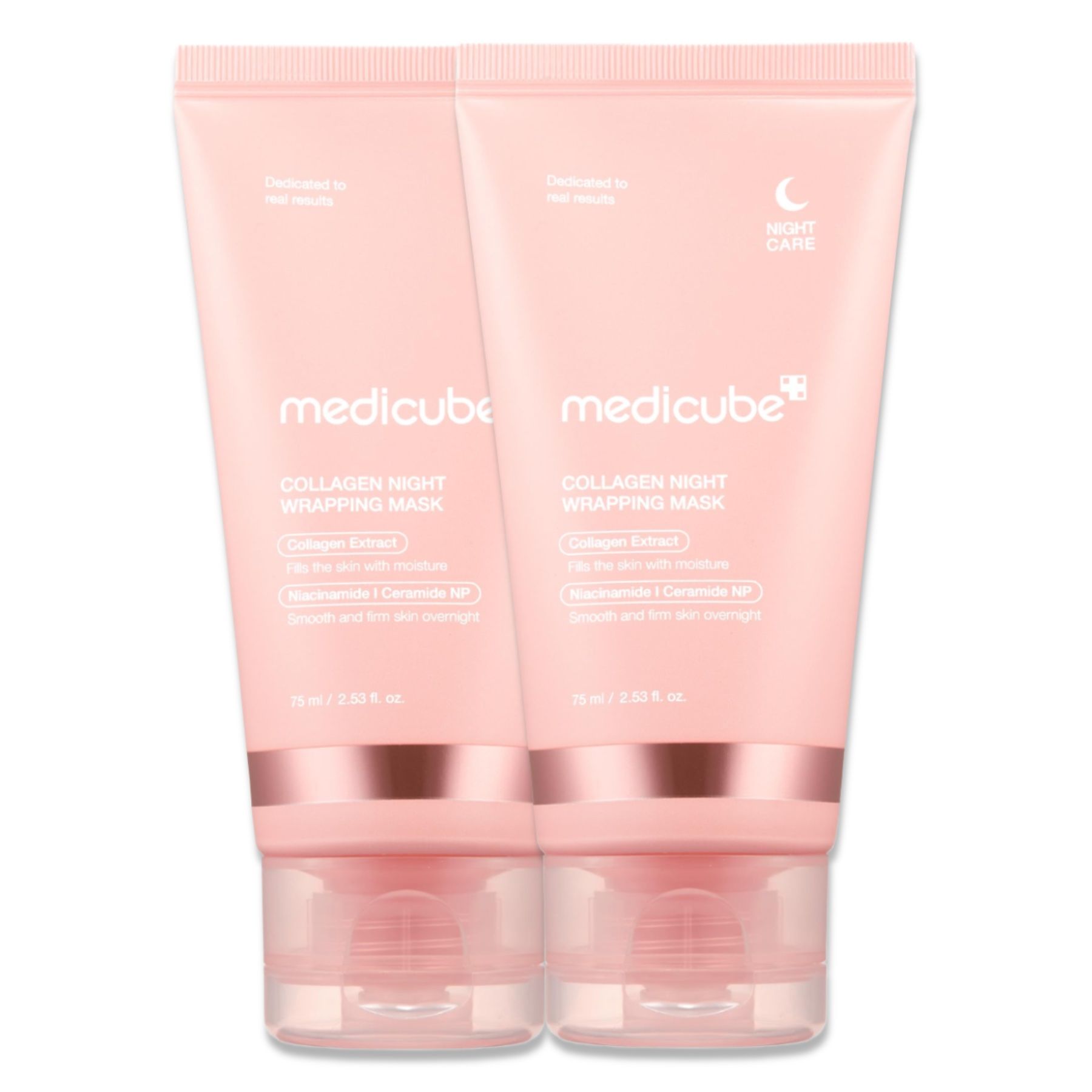 Twee roze tubes met "medicube" logo en productnaam. Transparante dop, roze tekst. "Collagen Night Wrapping Mask".