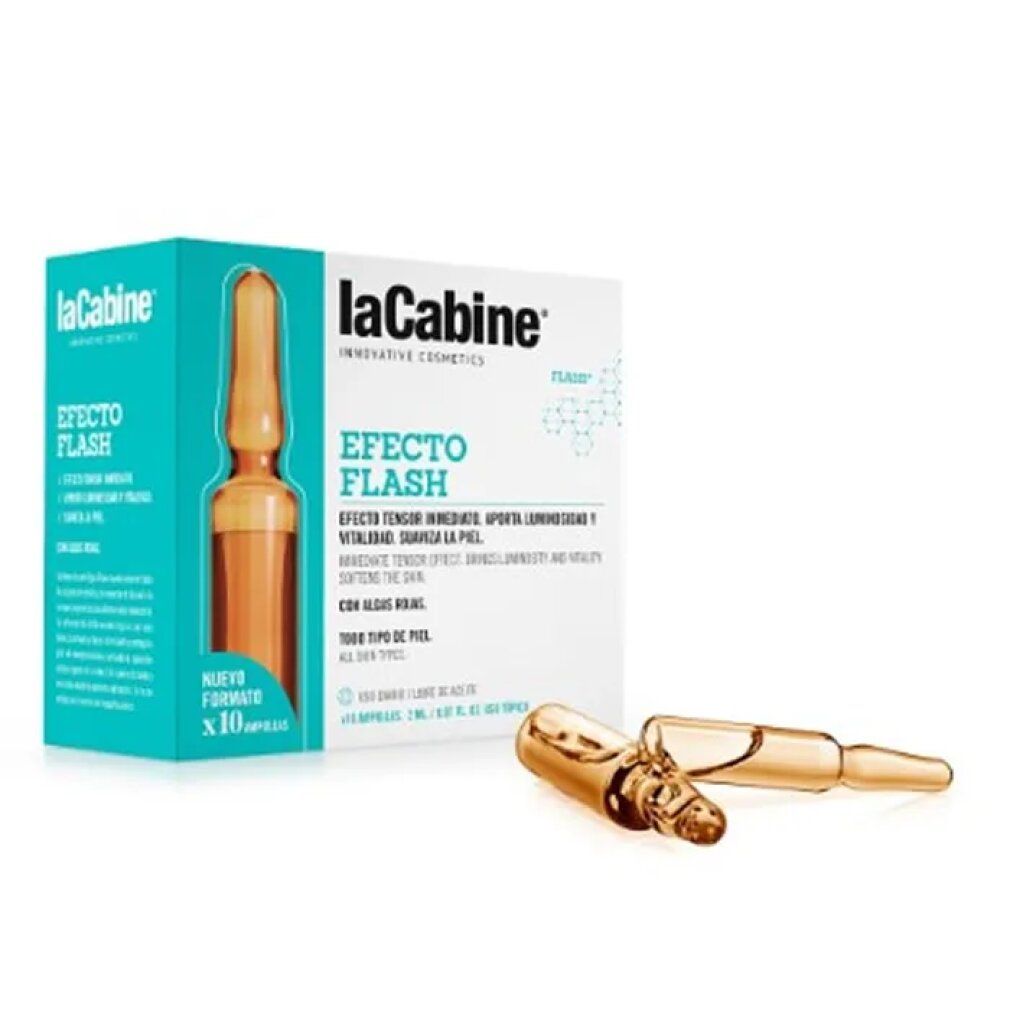 Emballage produit avec ampoule. Inscription 'laCabine' et 'EFECTO FLASH'. Deux ampoules à côté.