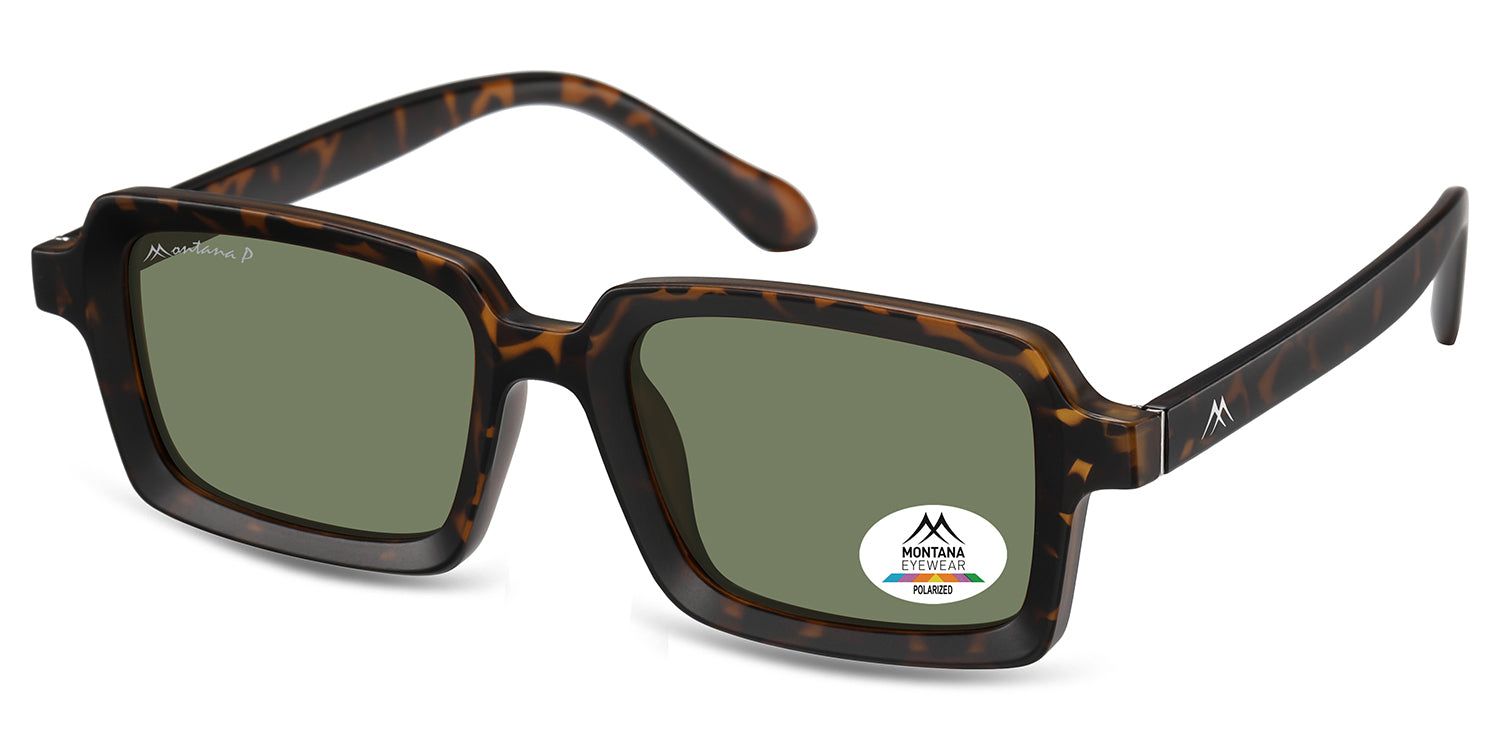 Lunettes de soleil à monture marron et verres verts. Un autocollant avec le logo Montana Eyewear est apposé sur un verre.