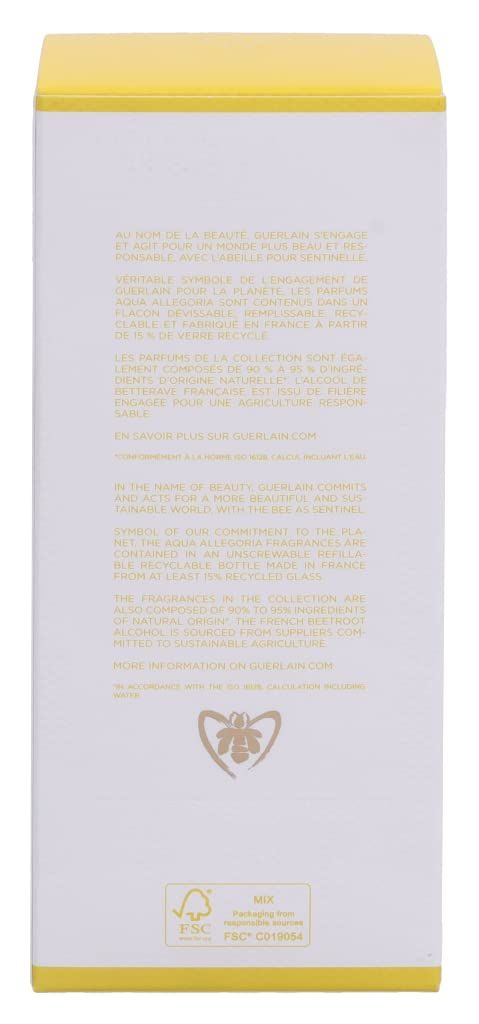 Emballage avec texte sur le développement durable et logo FSC. Marque : Guerlain. Texte en français et en anglais.