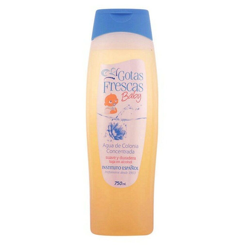 Flacon jaune avec bouchon bleu. Inscription: Gotas Frescas Baby, Agua de Colonia Concentrada. INSTITUTO ESPAÑOL. 750ml.