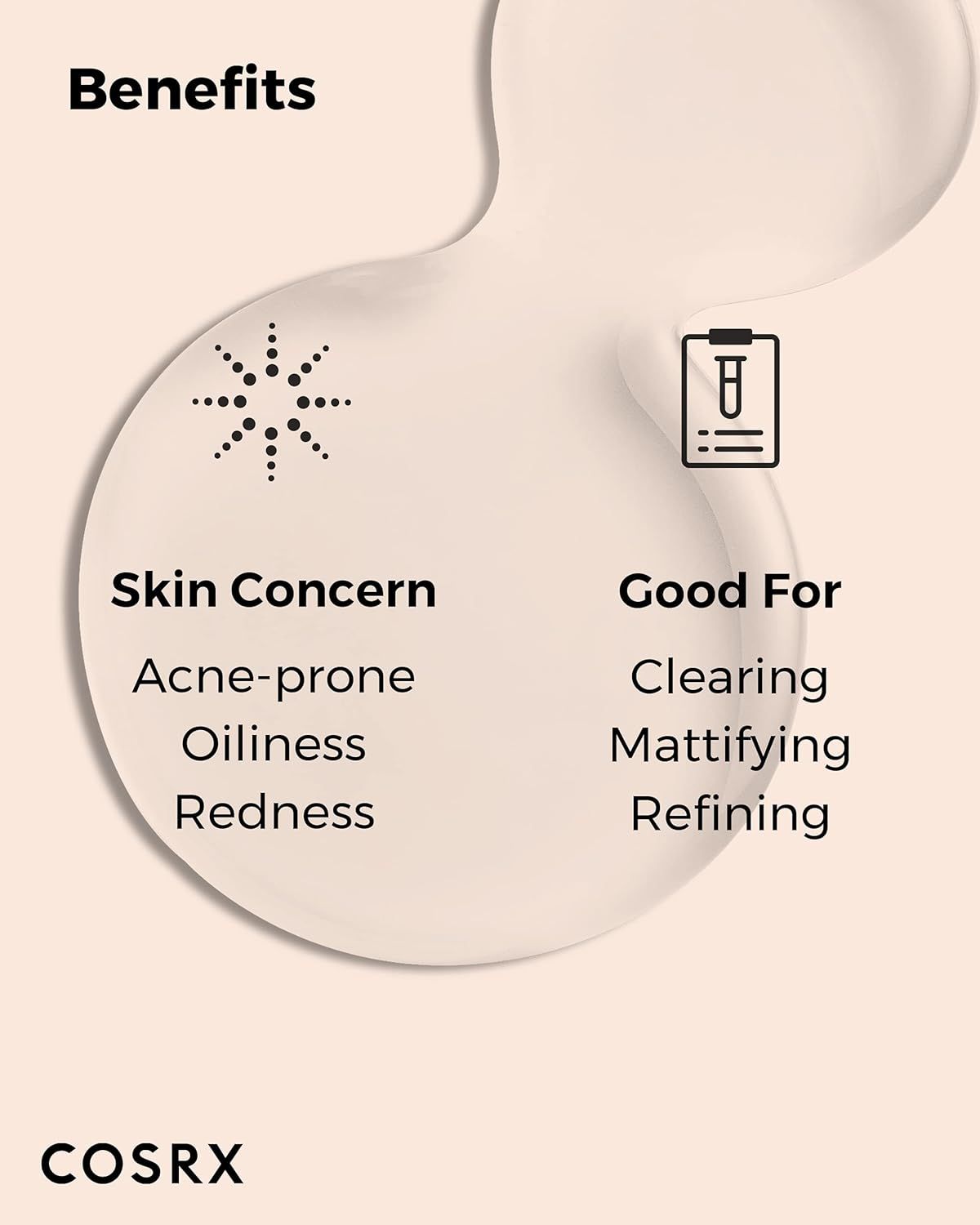 COSRX Calming Liquid Intensive : Bénéfices. Préoccupation cutanée : Acnéique, Huileuse, Rougeurs. Idéal pour : Nettoyer, Matifier, Affiner.