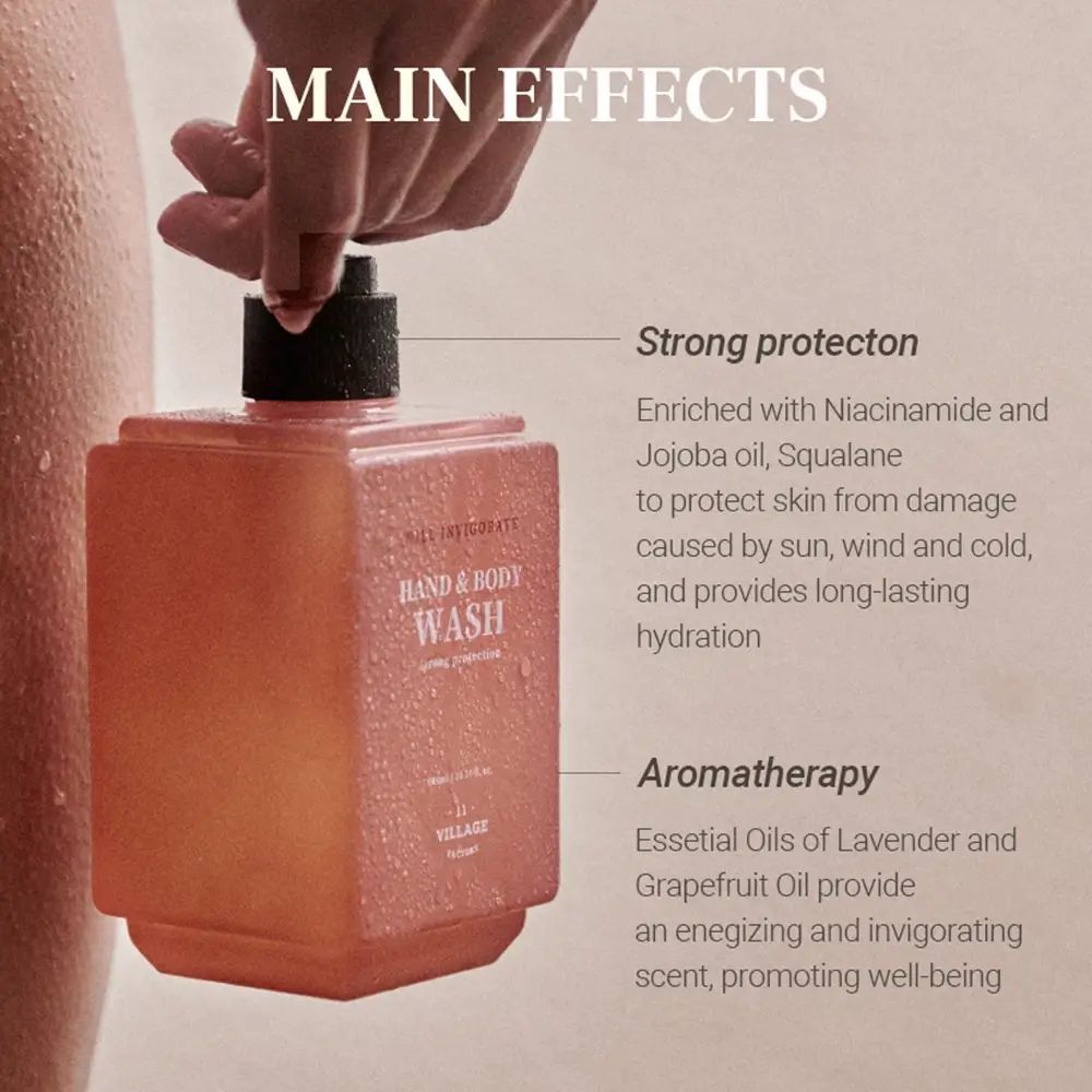 Roze hand- en bodywash fles met tekst. Tekst: HAND & BODY WASH, Strong protection, 11 VILLAGE FACTORY. Tekst: MAIN EFFECTS, Aromatherapie.