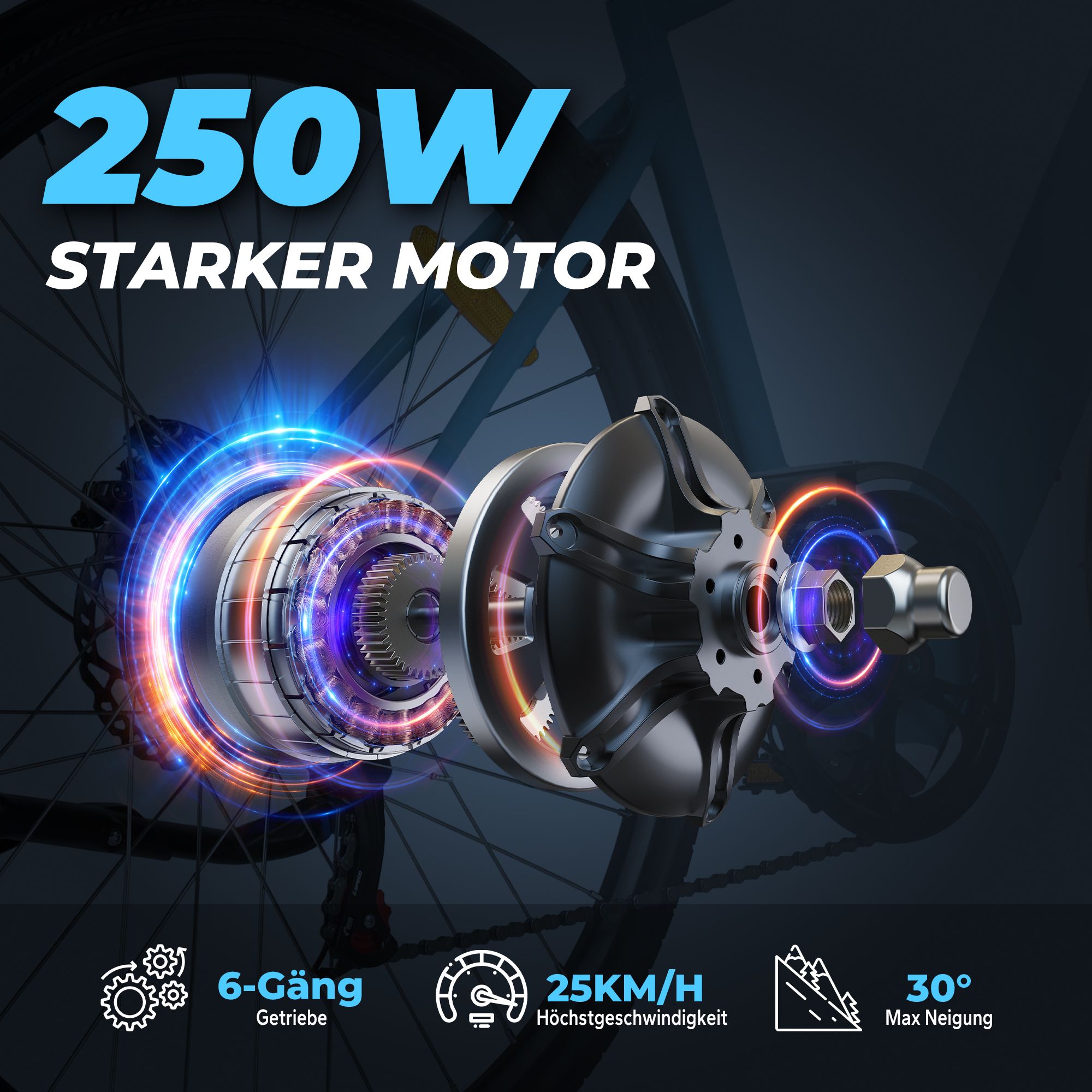 Moteur de vélo électrique 250W. Boîte de vitesses à 6 rapports, vitesse maximale de 25 km/h, inclinaison maximale de 30°.