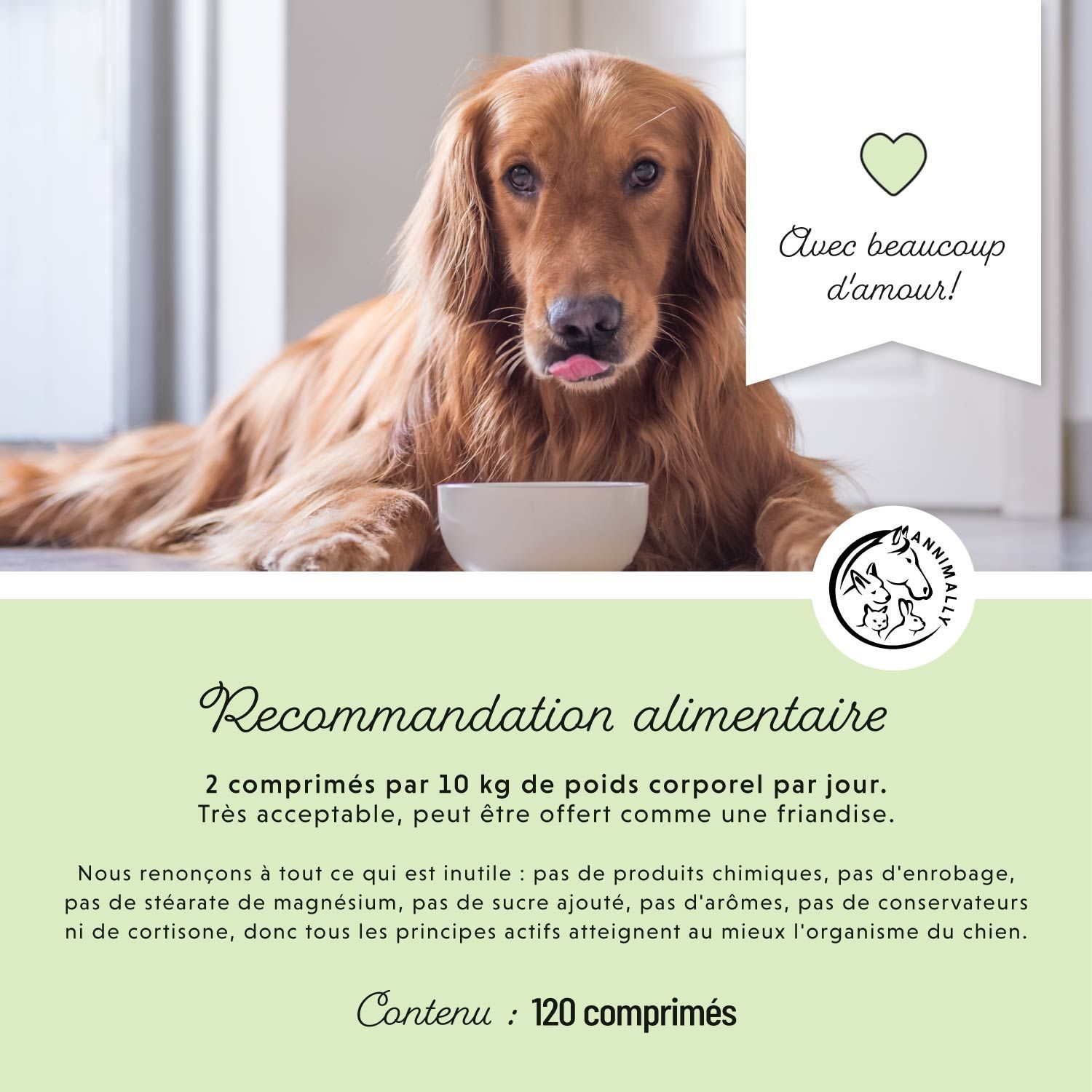Chien avec un bol. Texte : Recommandations alimentaires : 2 comprimés par 10 kg de poids corporel. Contenu : 120 comprimés.