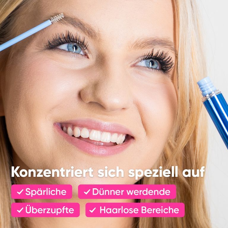 Close-up van vrouw die wenkbrauwserum aanbrengt. Focust op dunne plekken.