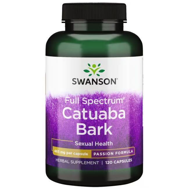 Flacon vert avec étiquette blanche. Inscription: SWANSON, Catuaba Bark, 465 mg par capsule, 120 capsules.