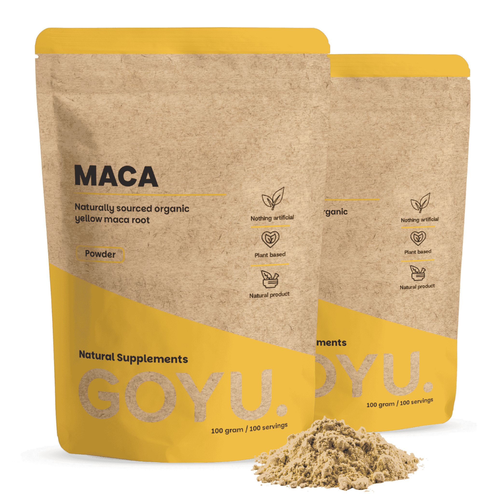 Deux paquets de poudre de Maca GOYU, 100g par paquet. Compléments alimentaires naturels.