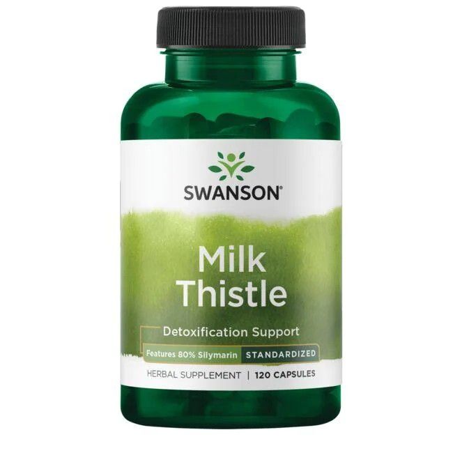 Flacon vert avec étiquette blanche. Inscription: SWANSON, Milk Thistle, Detoxification Support, 120 capsules.