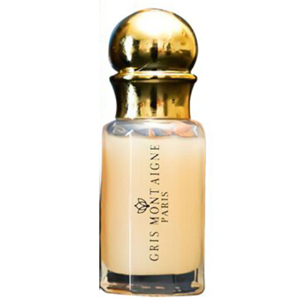 Transparante glazen fles met gouden dop. Opschrift: GRIS MONTAIGNE PARIS.