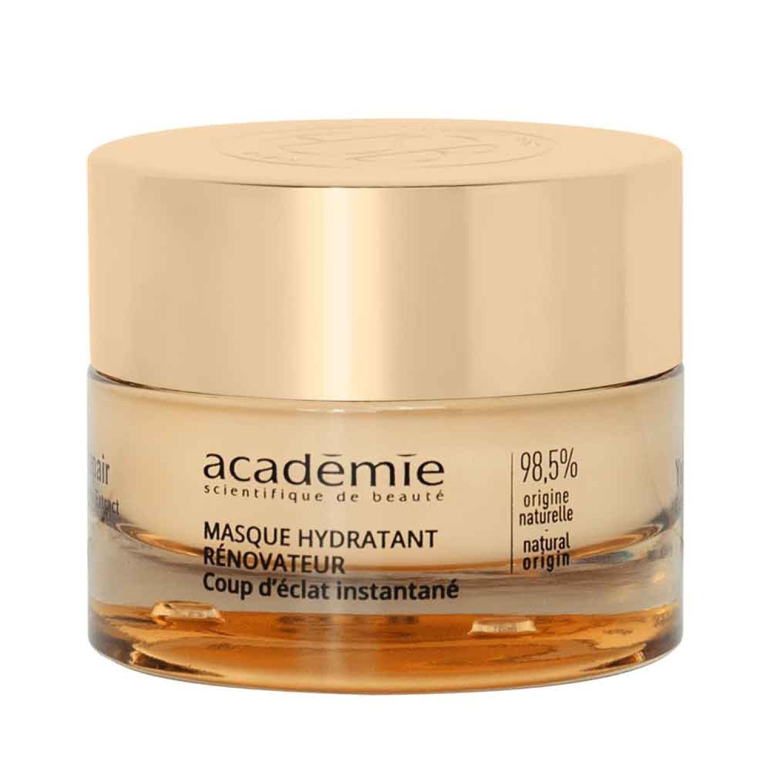 Pot de crème avec couvercle doré. Inscription: Académie, Masque Hydratant Rénovateur. 98,5% origine naturelle.