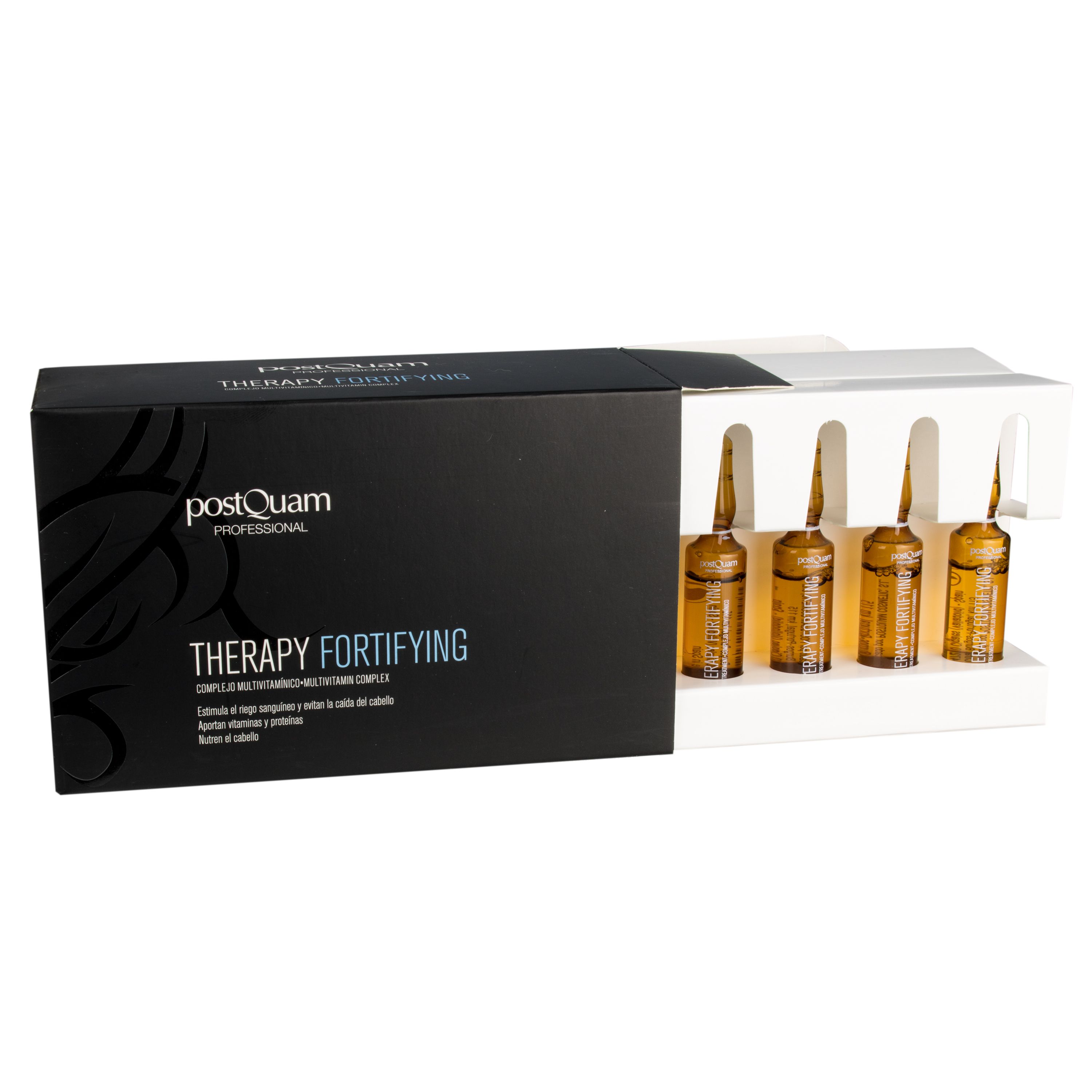 Open zwarte doos met ampullen. Opschrift: Postquam Therapy Fortifying. Vier ampullen in houder.