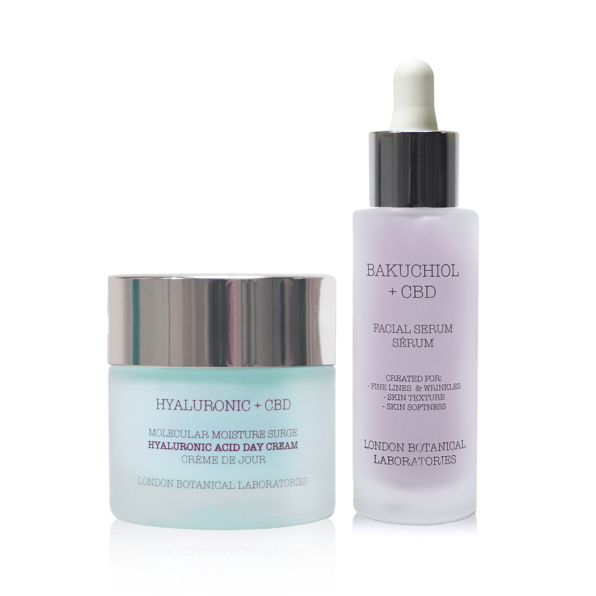Crème- en serumfles. Opschriften: Hyaluronic + CBD, Bakuchiol + CBD. London Botanical Laboratories.