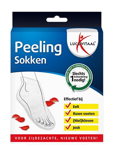 Emballage de chaussettes exfoliantes Lucovitaal. Emballage bleu avec illustration de pied et informations.