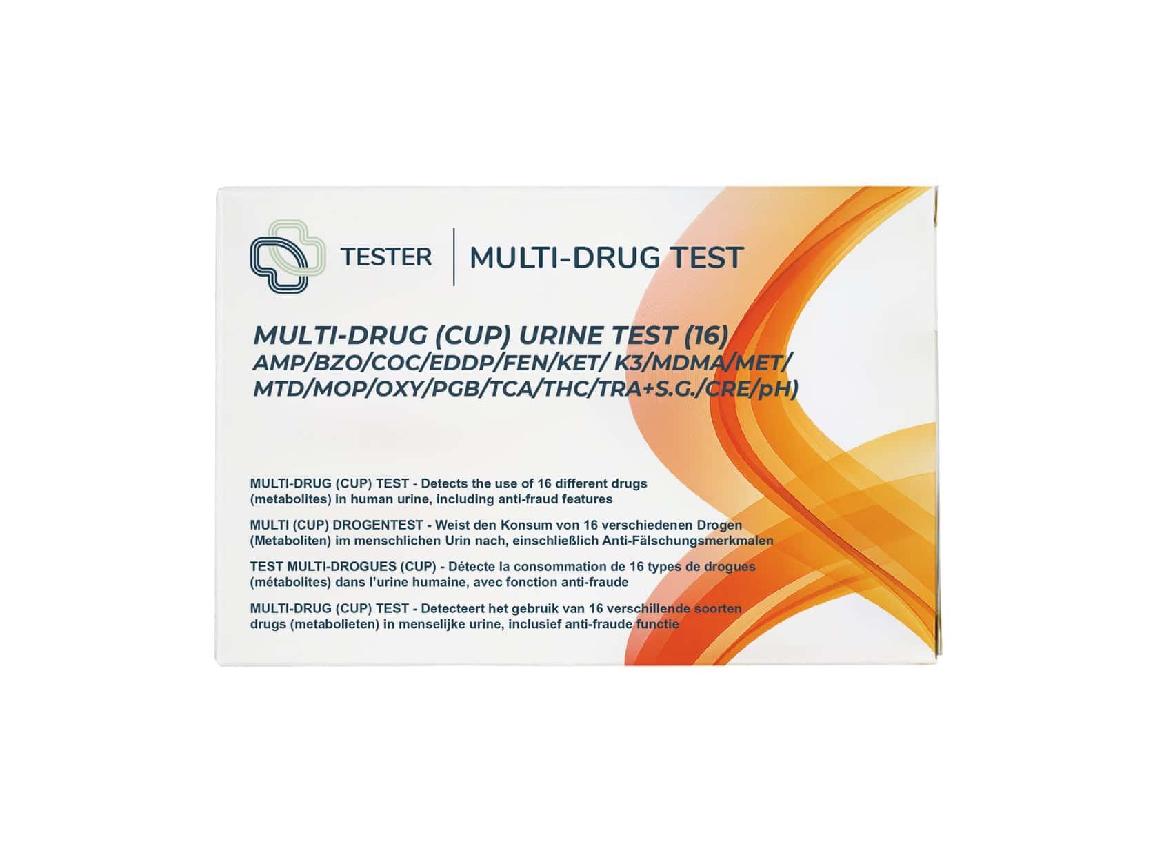 Verpakking van een Multi-Drug (Cup) Urinetest voor 16 verschillende drugs.