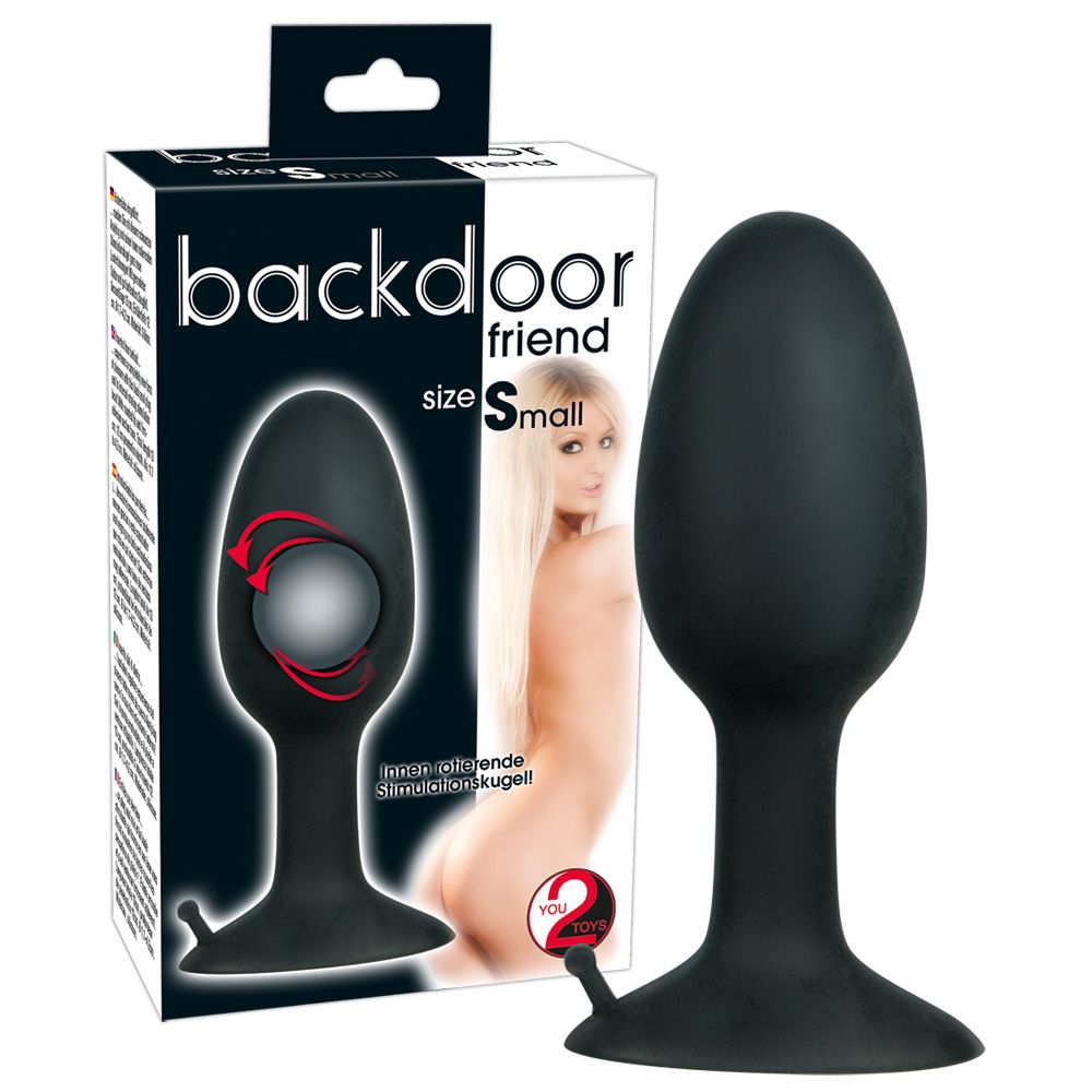 Butt plug noir, taille S, avec une base large et une bille intégrée.