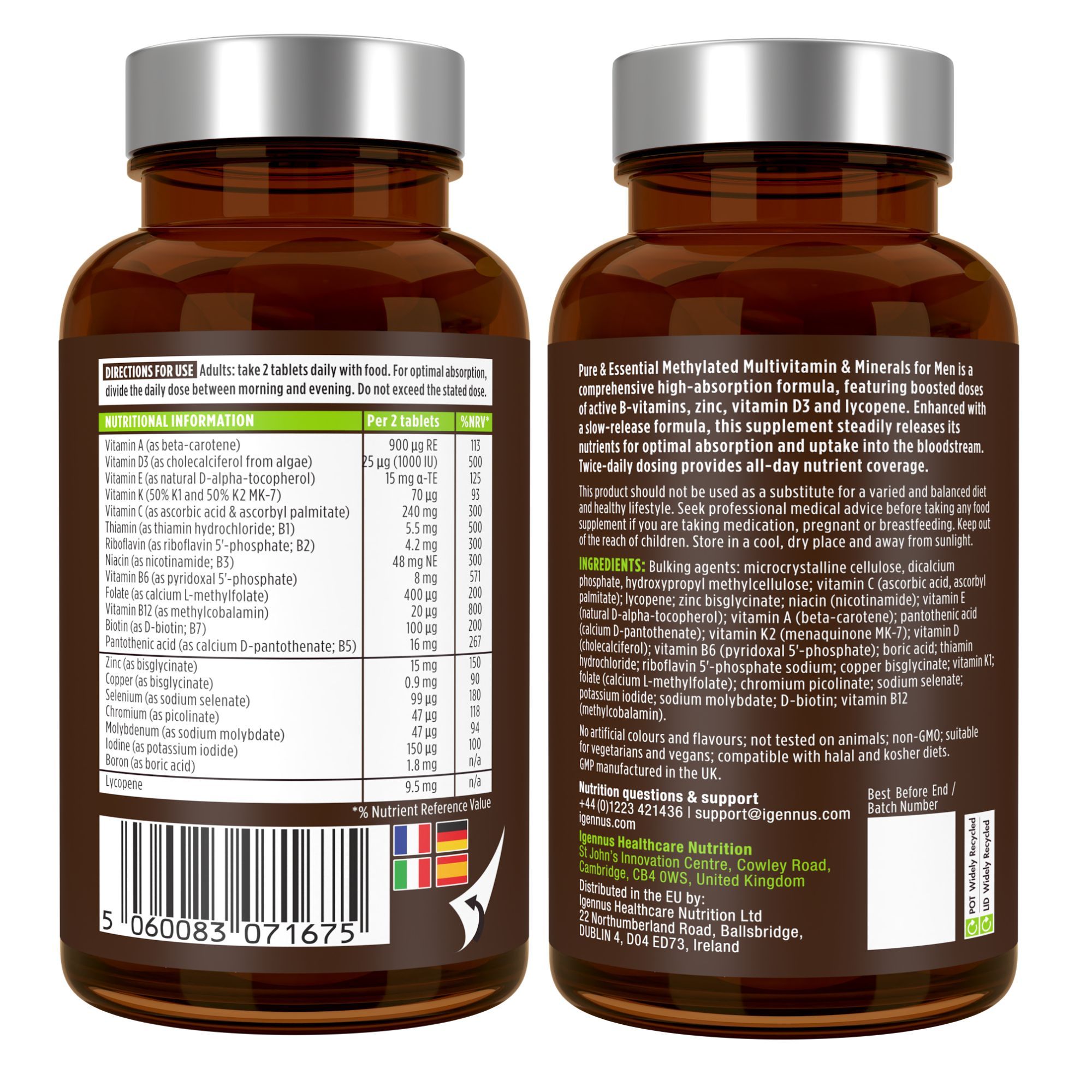 Arrière du flacon Igennus Multivitamines pour Hommes avec informations nutritionnelles.