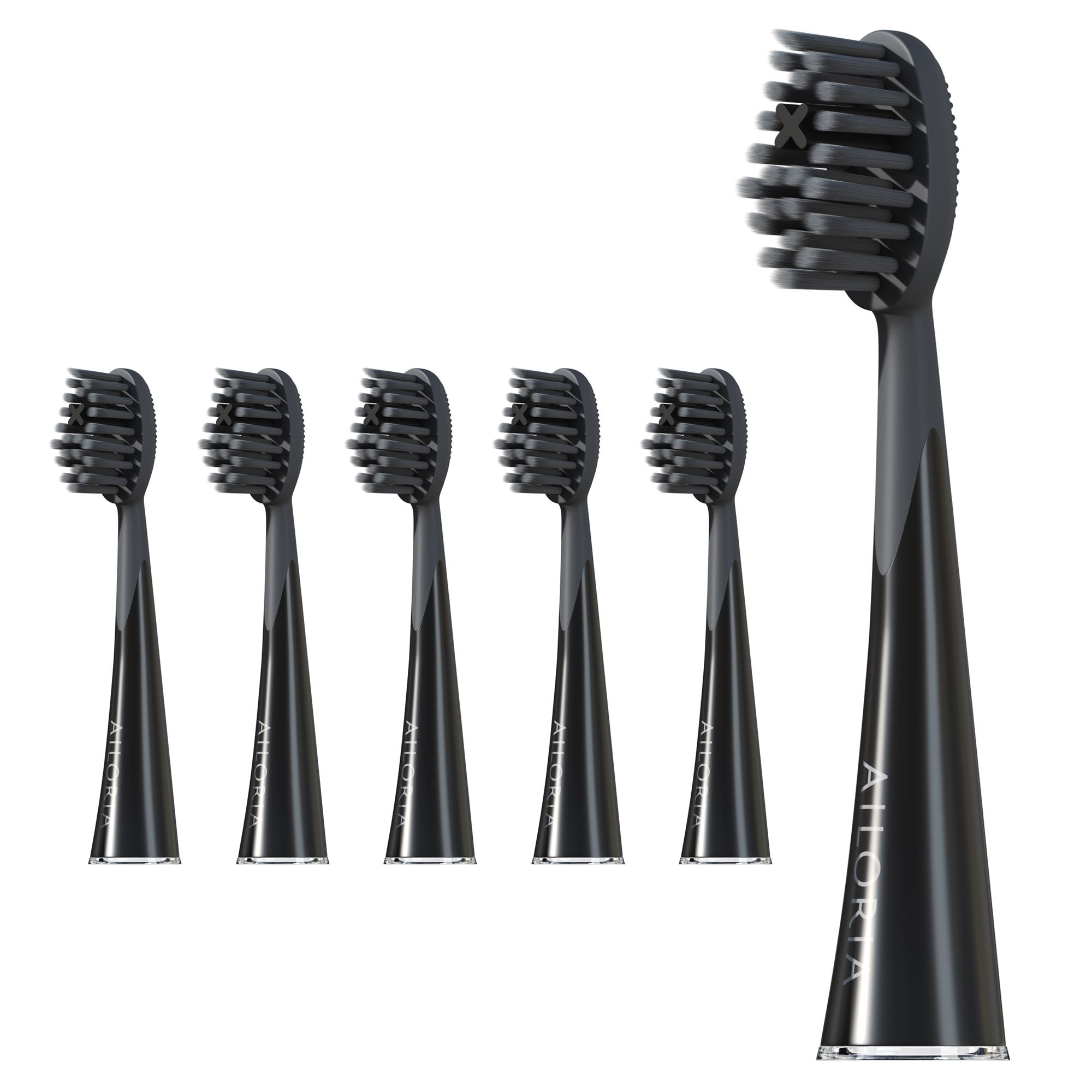 Six têtes de brosse noires. Une debout, cinq couchées. Logo AILORIA visible sur les têtes.