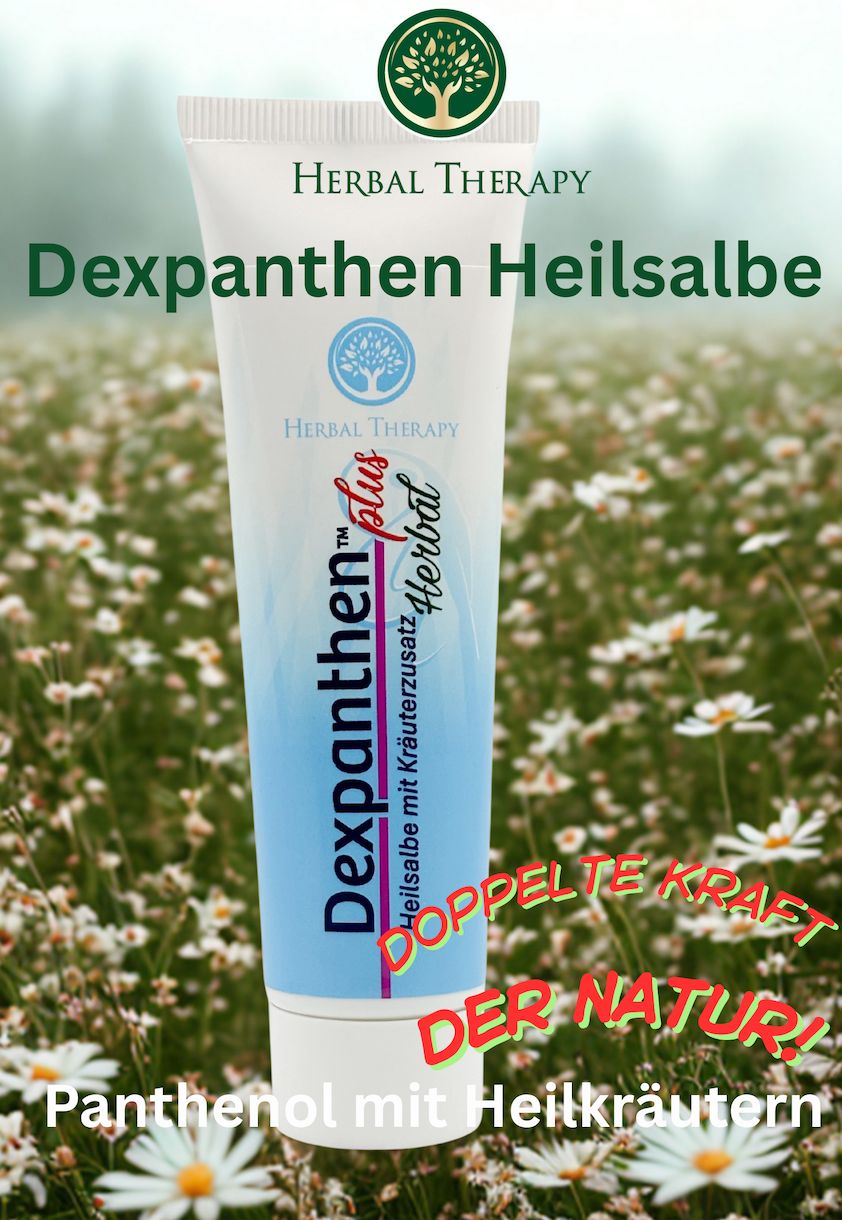 Affiche publicitaire avec Herbal Therapy Dexpanthen pommade cicatrisante. Tube devant prairie fleurie. Texte: Double pouvoir de la nature, Panthénol aux herbes.