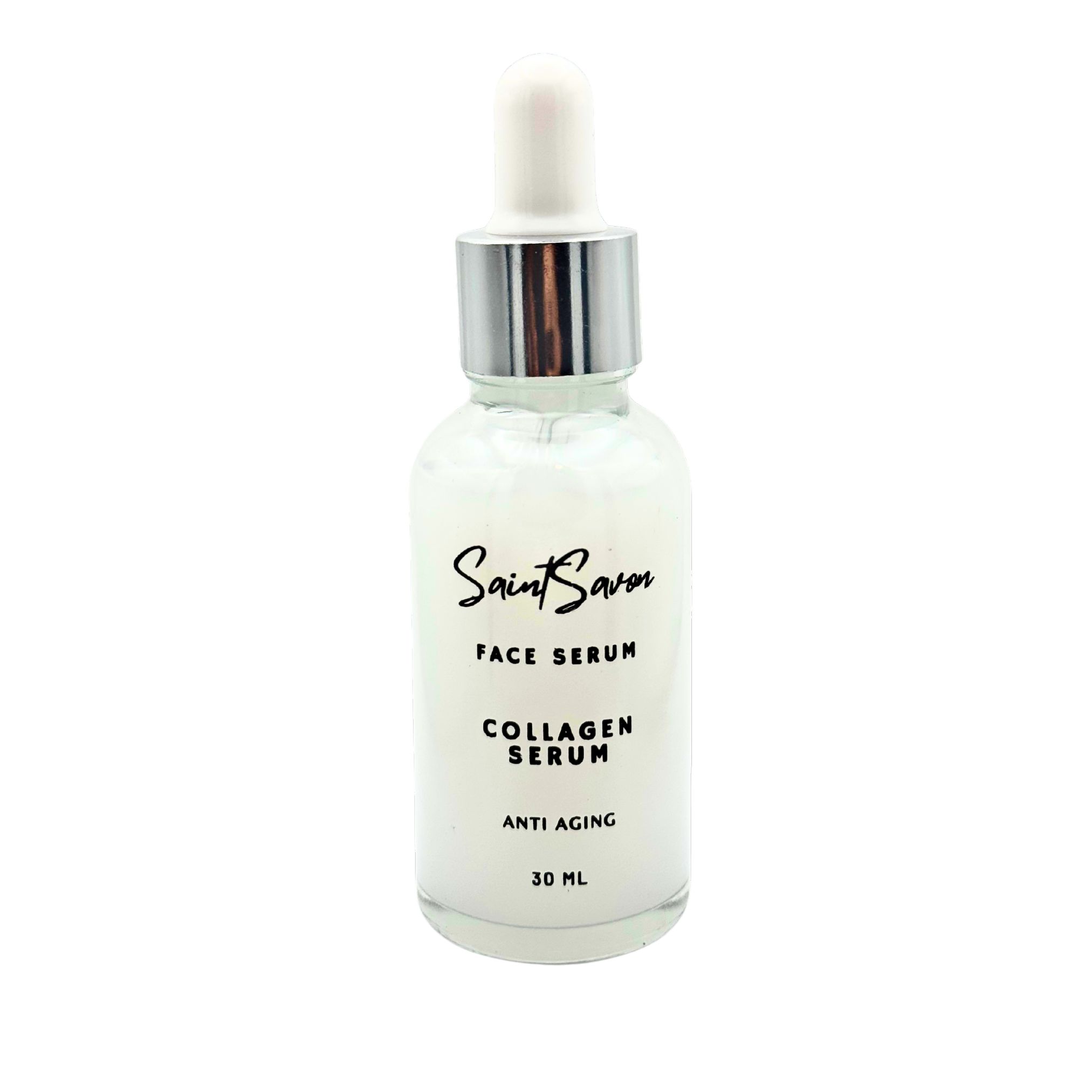 Glazen fles met wit serum, zilveren pipet en opschrift Saint Savon, Face Serum, Collagen Serum, Anti Aging, 30 ml.