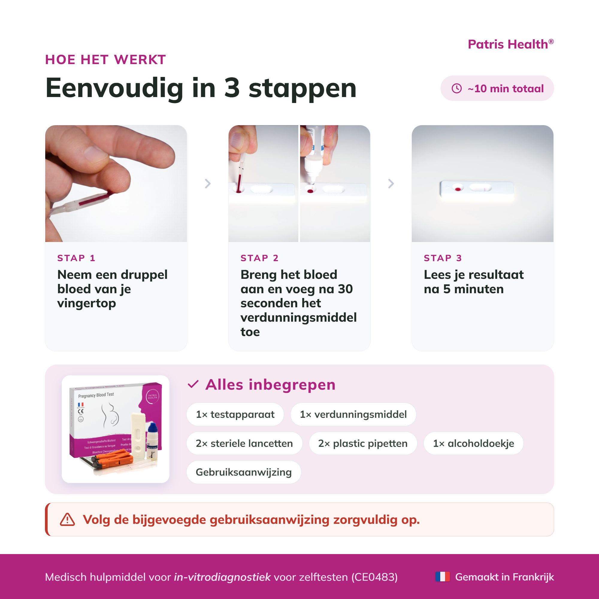 Inhoud van de kit: Testapparaat, verdunningsmiddel, pipetten, lancetten, alcohol.