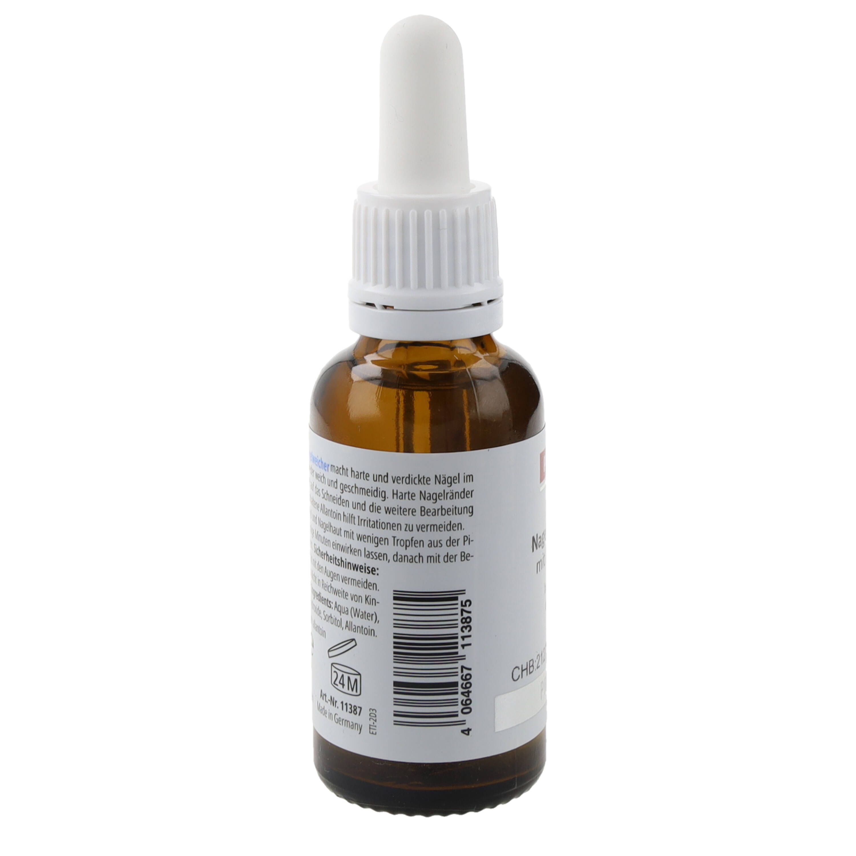 Bruine glazen fles met witte druppelaar. Etiket met tekst en barcode. 30 ml. Fles staat rechtop.
