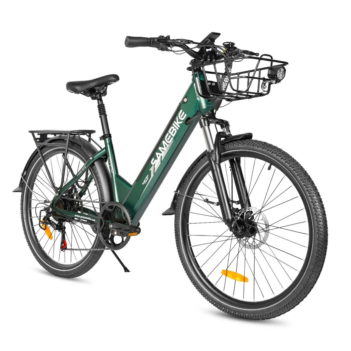 Vélo électrique vert avec panier. Marque SAMEBIKE. Pneus noirs, porte-bagages, phare. Batterie 36V 15Ah.