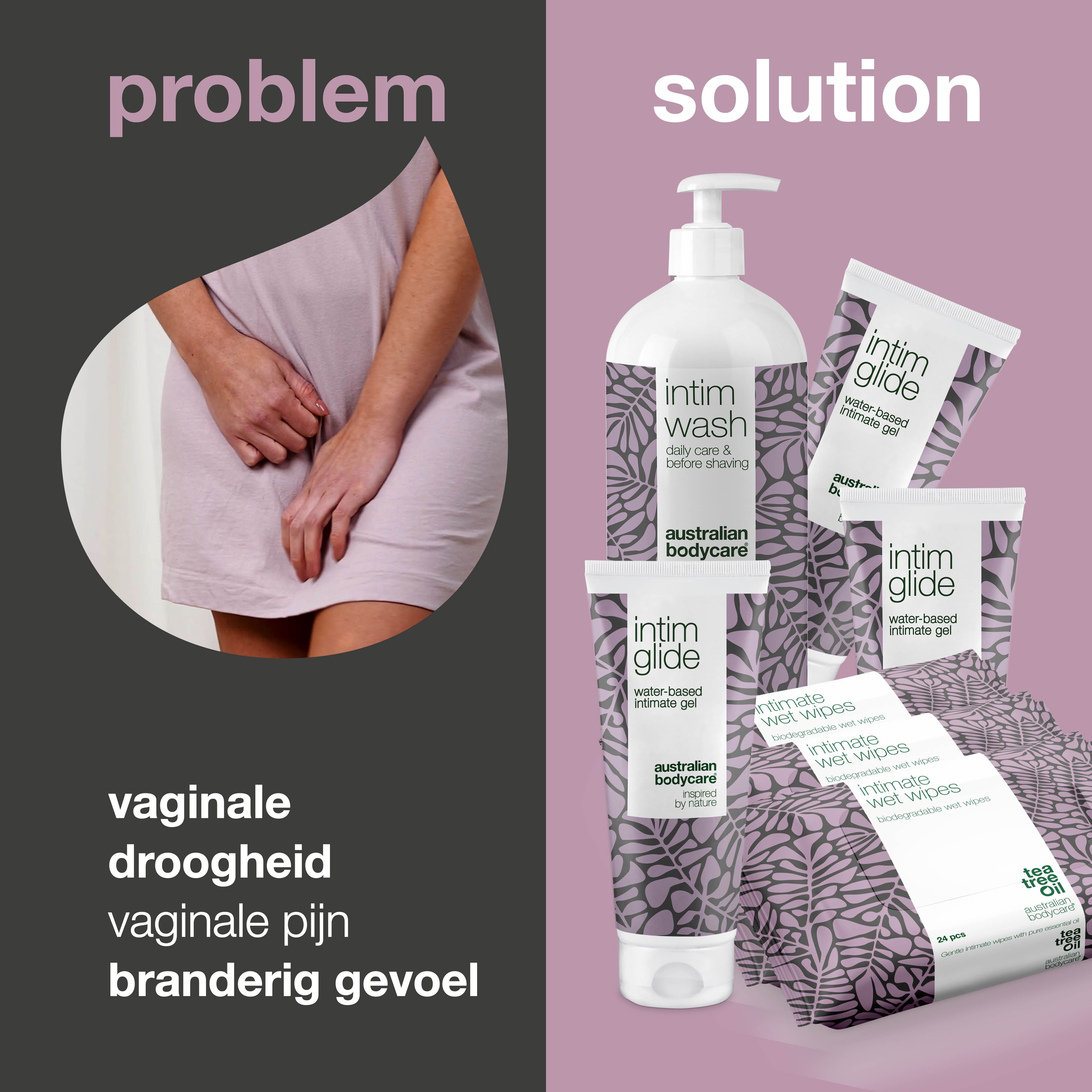 Set intieme verzorgingsproducten. Links: vrouw met pijn. Rechts: producten Intim Wash, Glide, Wet Wipes.