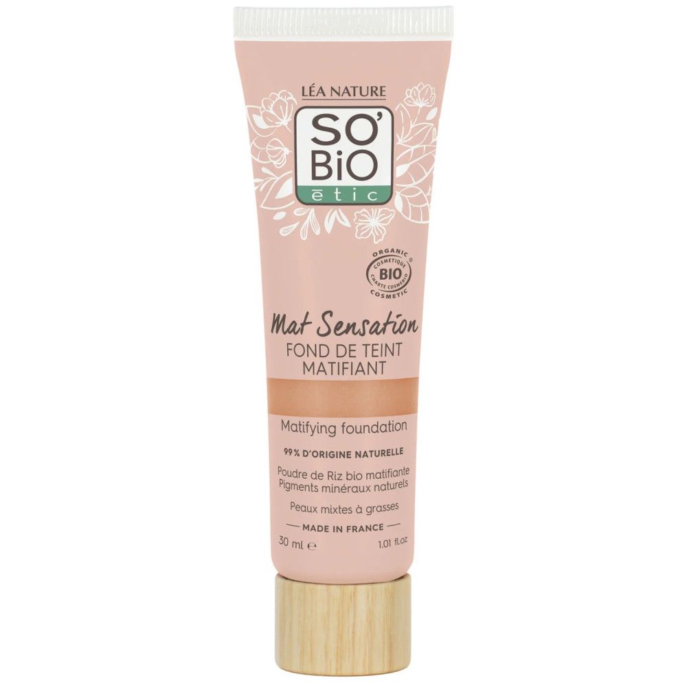 Roze tube SO'BiO étic, Mat Sensation. Matterende foundation. Houten dop. 30 ml.