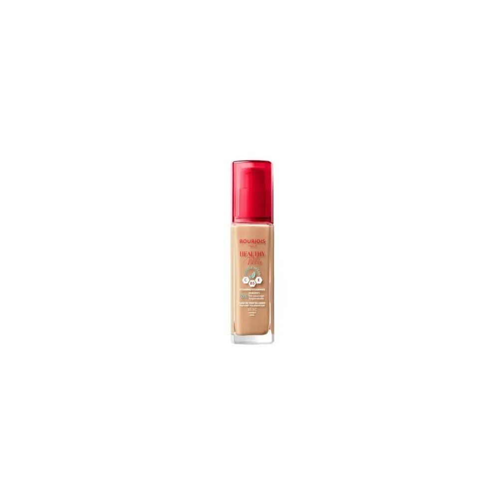 Foundationfles met rode dop. Opschrift: Bourjois Healthy Mix. Beige tint.