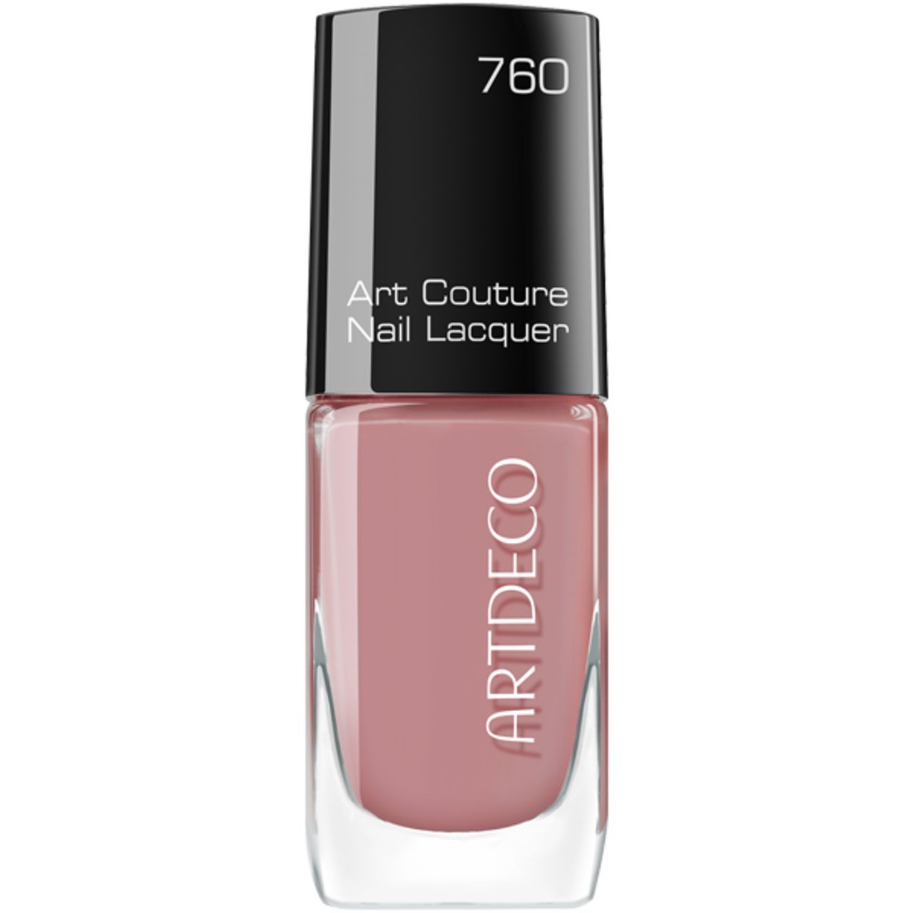 Artdeco Art Couture nagellak, roze. Zwarte dop met opschrift 760. Merknaam en productaanduiding op de fles.