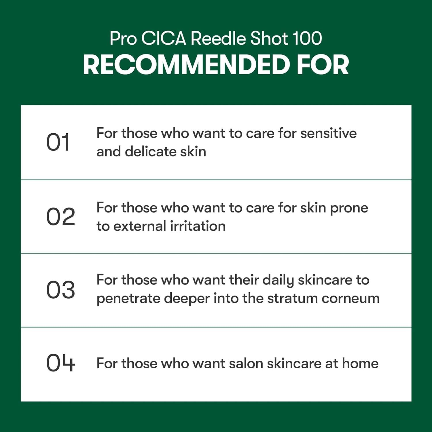 Texte: Recommandé pour. 4 points: peau sensible, irritations, pénétration plus profonde, soins en salon à domicile.