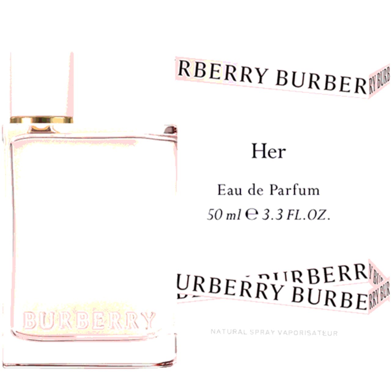 Flacon Burberry Her Eau de Parfum avec inscription et texte. Inscription : Burberry, Her, Eau de Parfum, 50 ml.