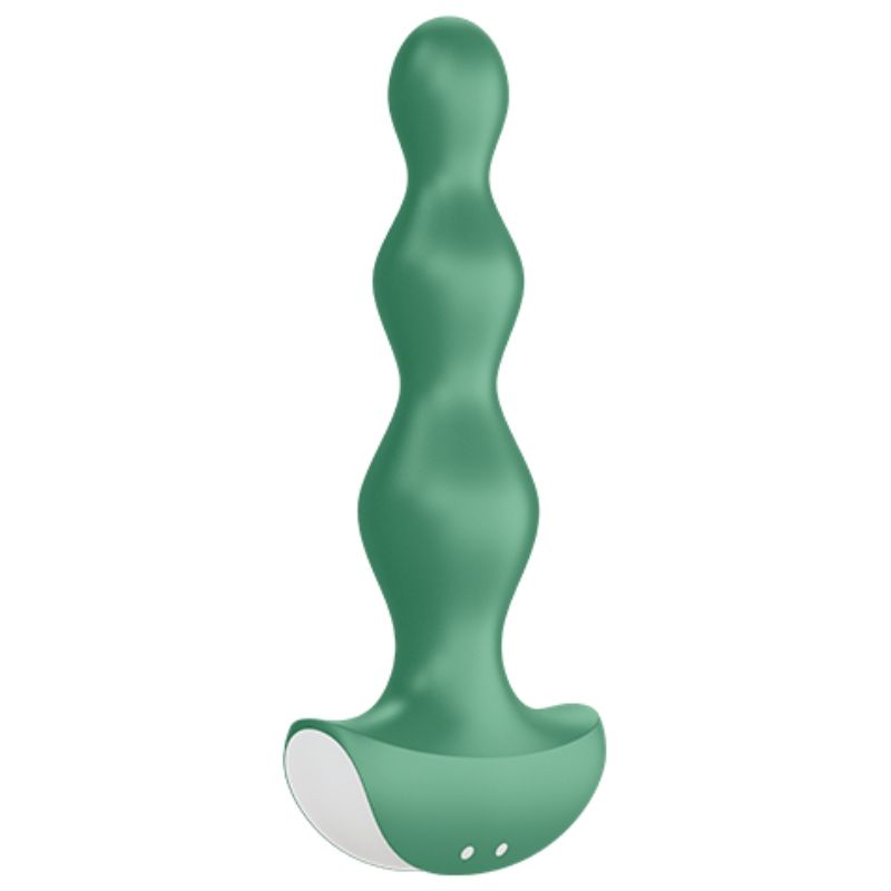 Vibrateur anal vert à la forme incurvée et à base large.