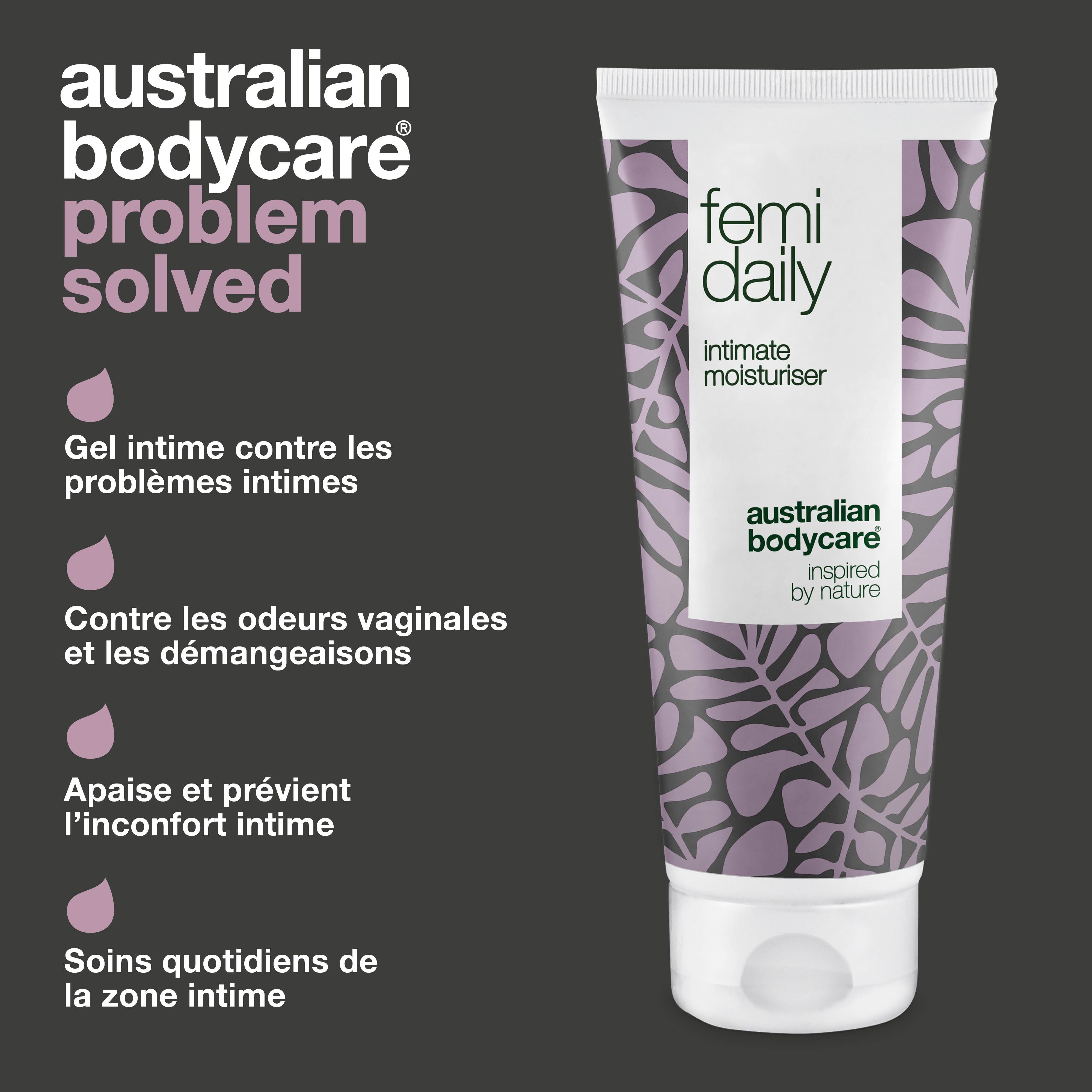 Femi Daily hydratant intime. Problème résolu. Texte : Gel intime, odeurs.