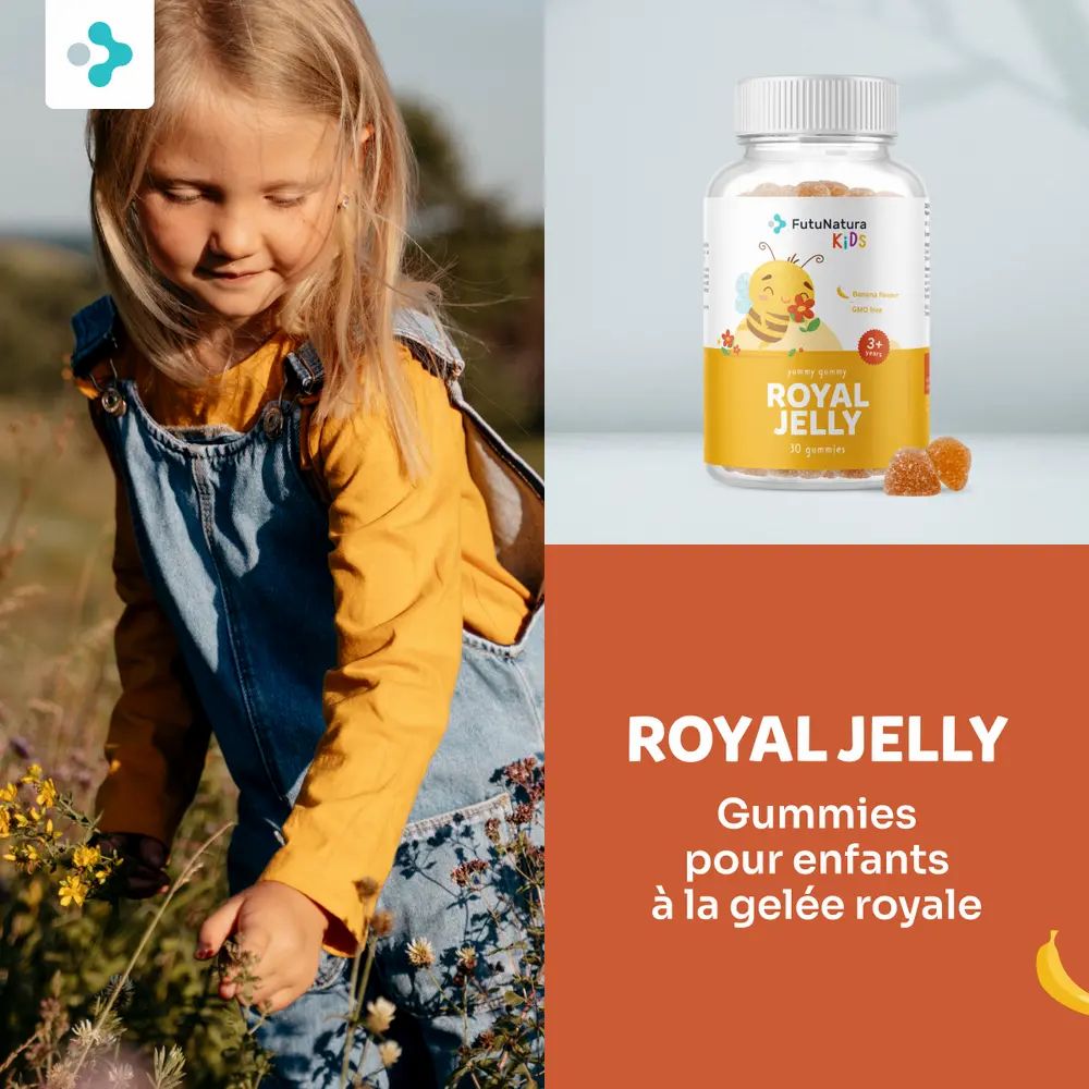 Enfant à l'extérieur avec flacon "FutuNatura Kids Royal Jelly". Fond orange avec texte : "Gummies pour enfants à la gelée royale".