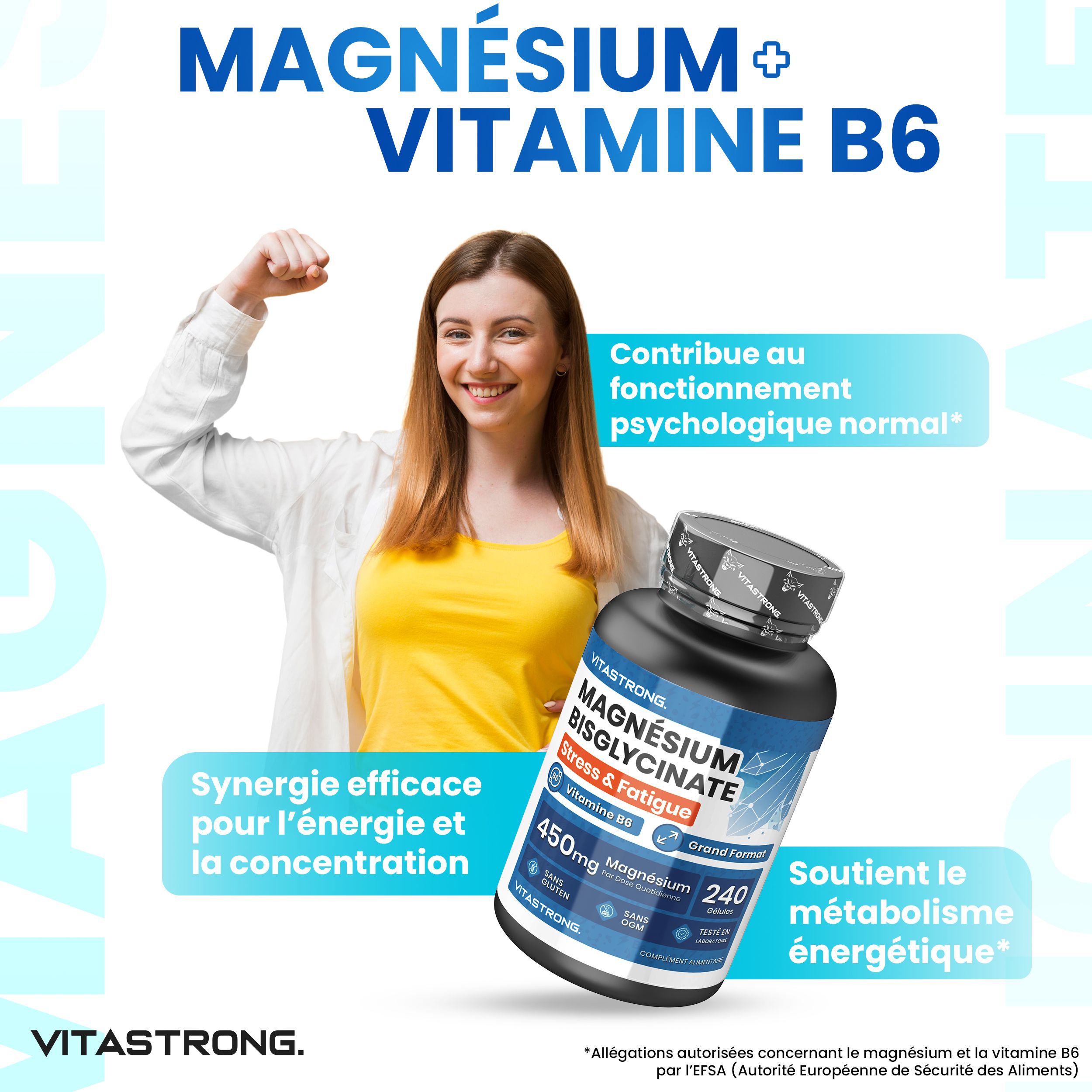 Vrouw met fles Vitastrong Magnesiumbisglycinaat. Tekst: Magnesium + Vitamine B6. Effectieve synergie voor energie.