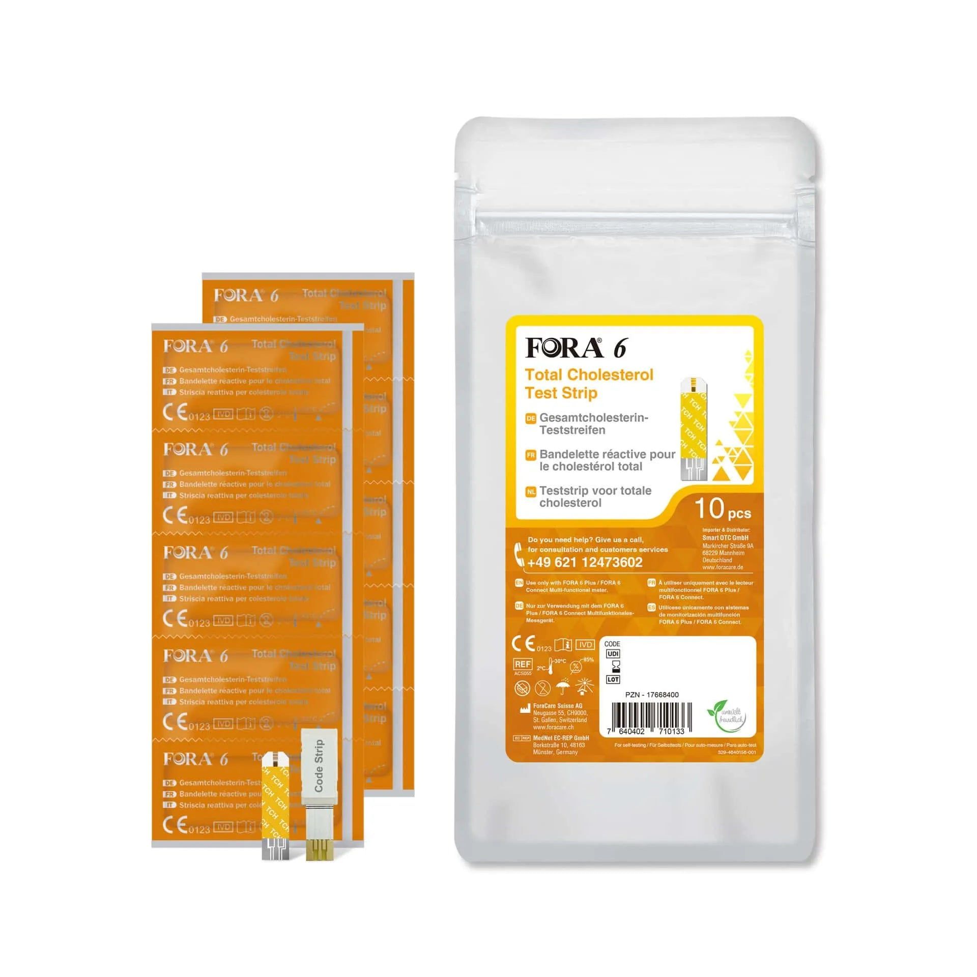 FORA 6 Cholesterolteststrips: 10 individueel verpakte strips, CE-gecertificeerd, voor snelle en nauwkeurige tests.