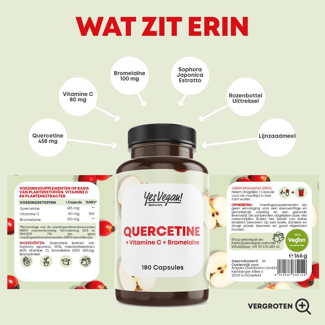 Fles met 180 capsules Quercetine + Vitamine C + Bromelaïne, met ingrediëntenoverzicht.