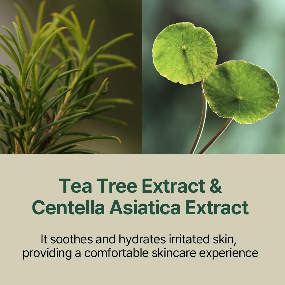 Deux images: Extrait d'arbre à thé et extrait de Centella Asiatica. Texte: It soothes and hydrates irritated skin.