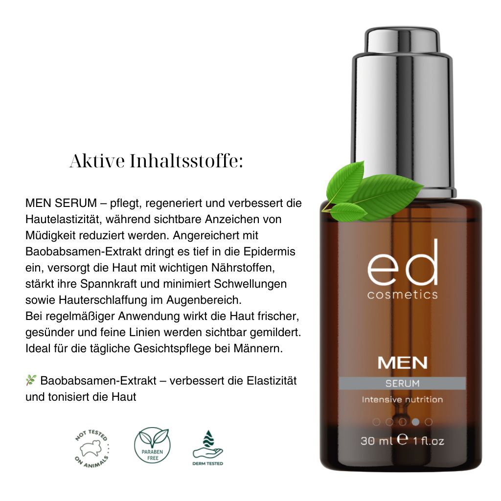 Flacon en verre brun avec bouchon argenté. Texte : "ed cosmetics MEN Serum". Feuilles et logos.
