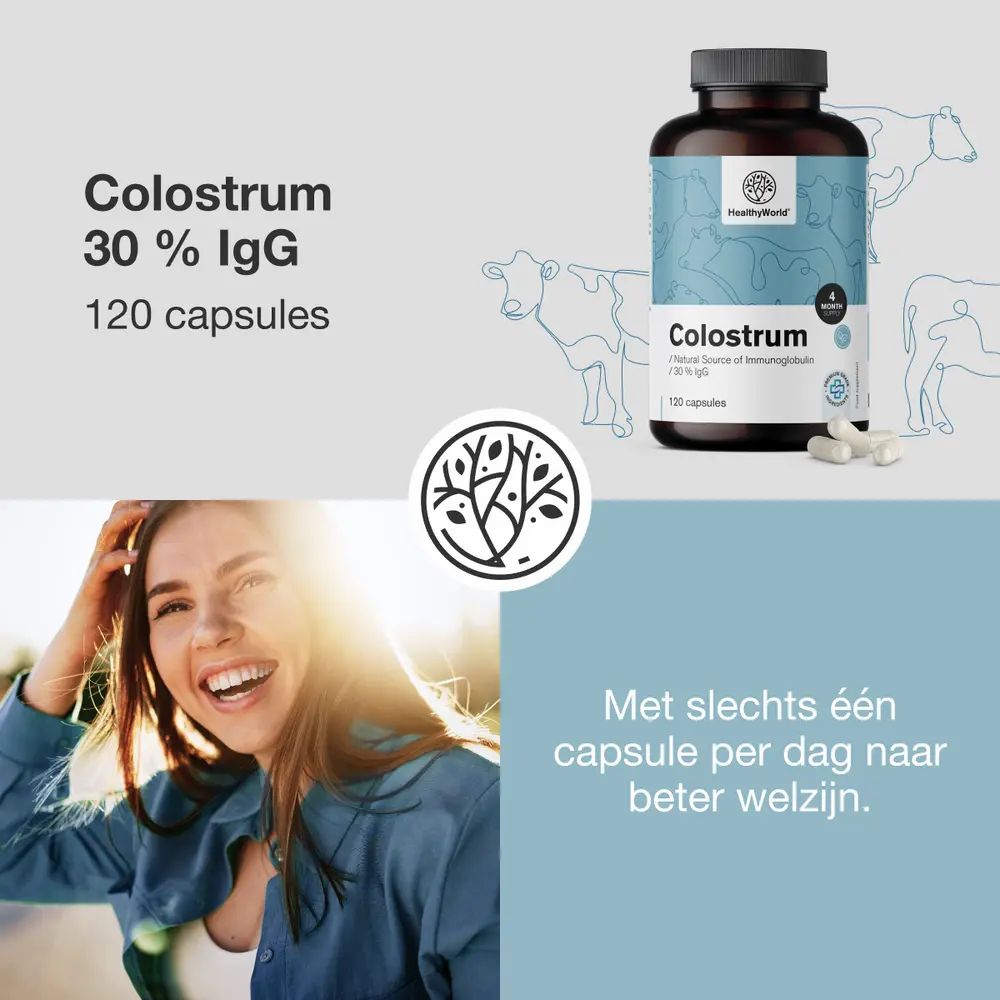 Fles met capsules. Tekst: Colostrum 30% IgG, 120 capsules. Met slechts één capsule per dag naar beter welzijn.